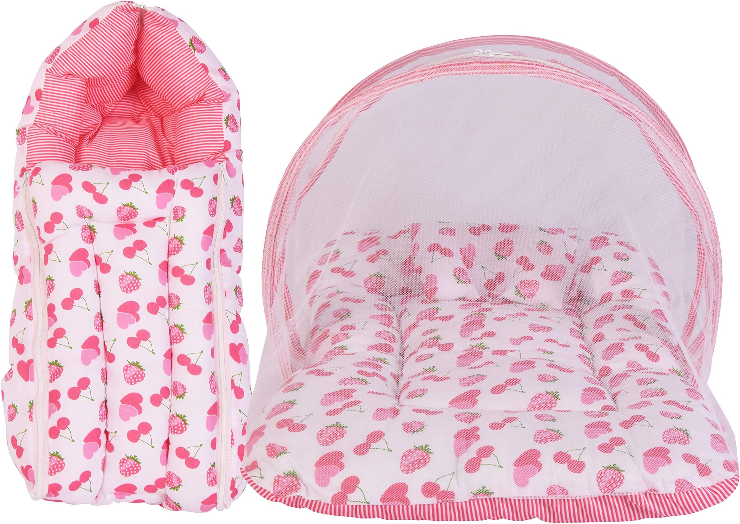 Babloo Baby Bed New Born Baby Bedding Set | Mosquito Net | Sleeping Bag | Mattress | Carry Bag | Essentials Combo | Cotton | Infants | Boys & Girls | Beds | Cot Mattresses (0-6 Months) Pink