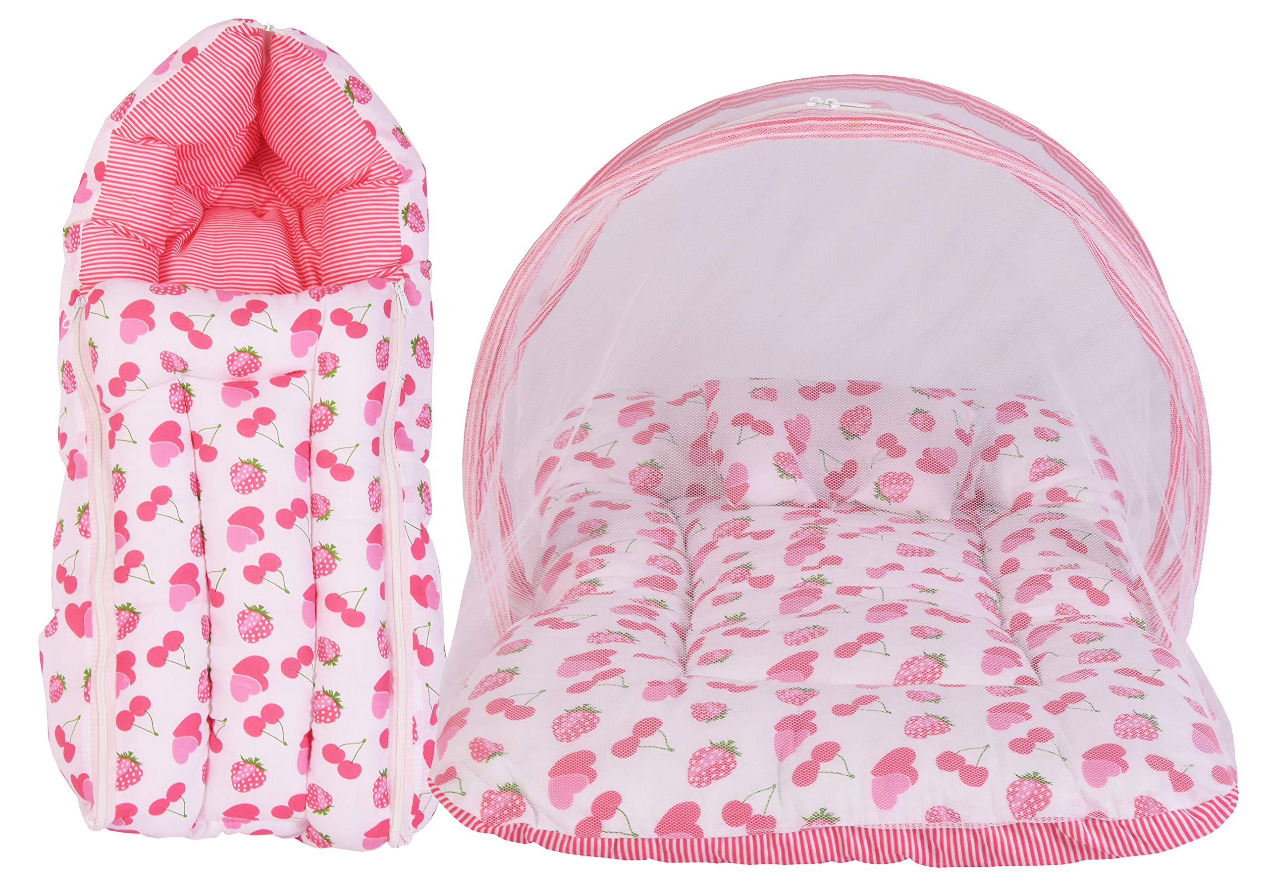 Babloo Baby Bed New Born Baby Bedding Set | Mosquito Net | Sleeping Bag | Mattress | Carry Bag | Essentials Combo | Cotton | Infants | Boys & Girls | Beds | Cot Mattresses (0-6 Months) Pink