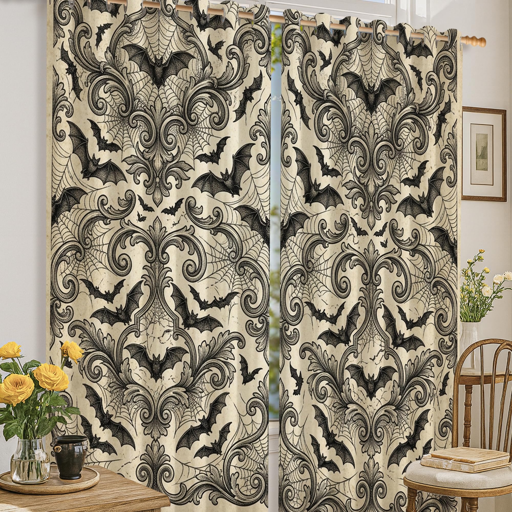 Rideau occultant anti-lumière motif floral vintage noir infroissable