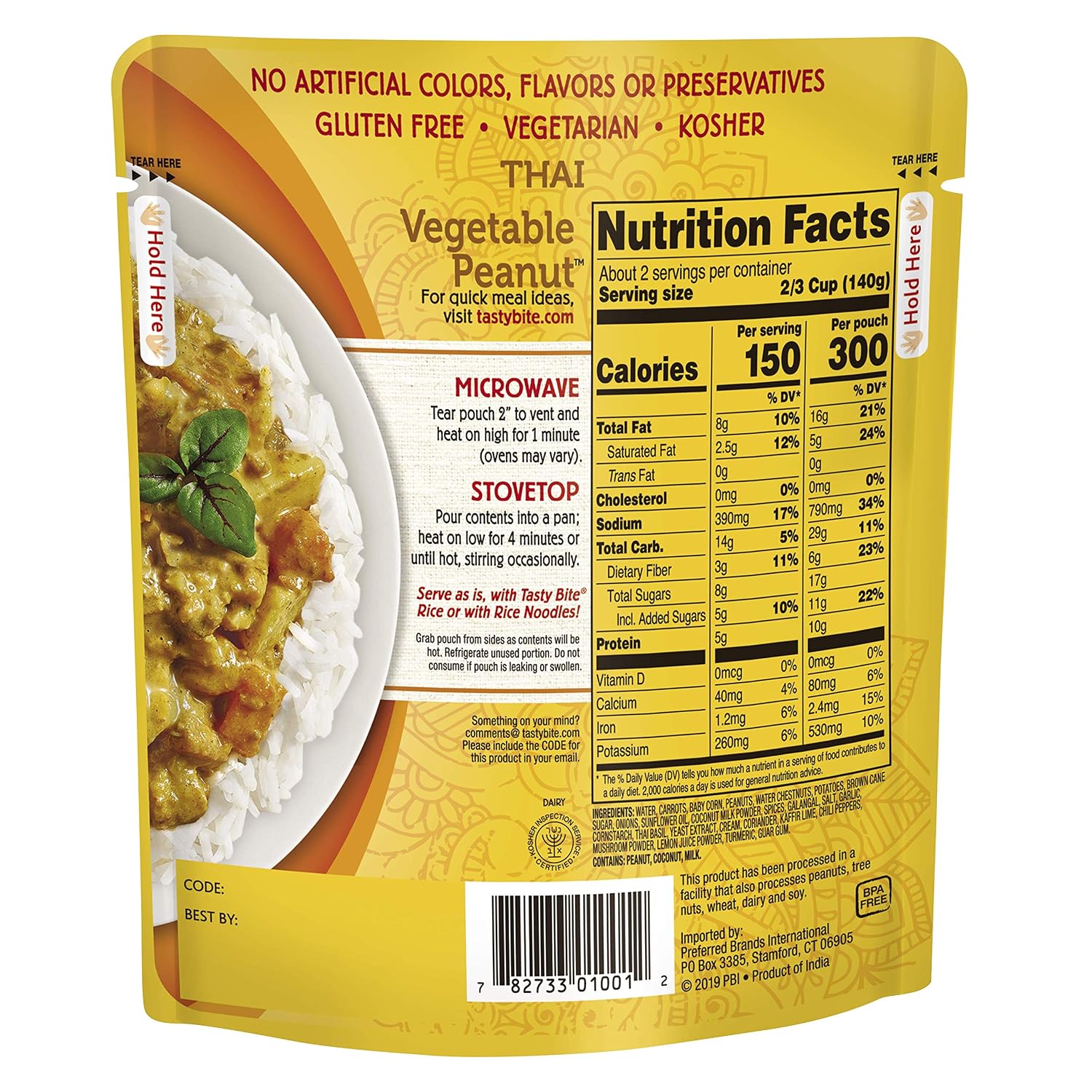Tasty Bite Thai Vegetable Peanut, 10 Ounce, Pack of 6, Ready to Eat, Microwavable Entree, Vegetarian