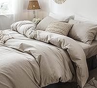 Vista 2 de MooMee Juego de funda de edredón 100% algodón lavado con textura parecida al lino, transpirable, duradero, suave y cómodo (lino gris tostado, Queen)