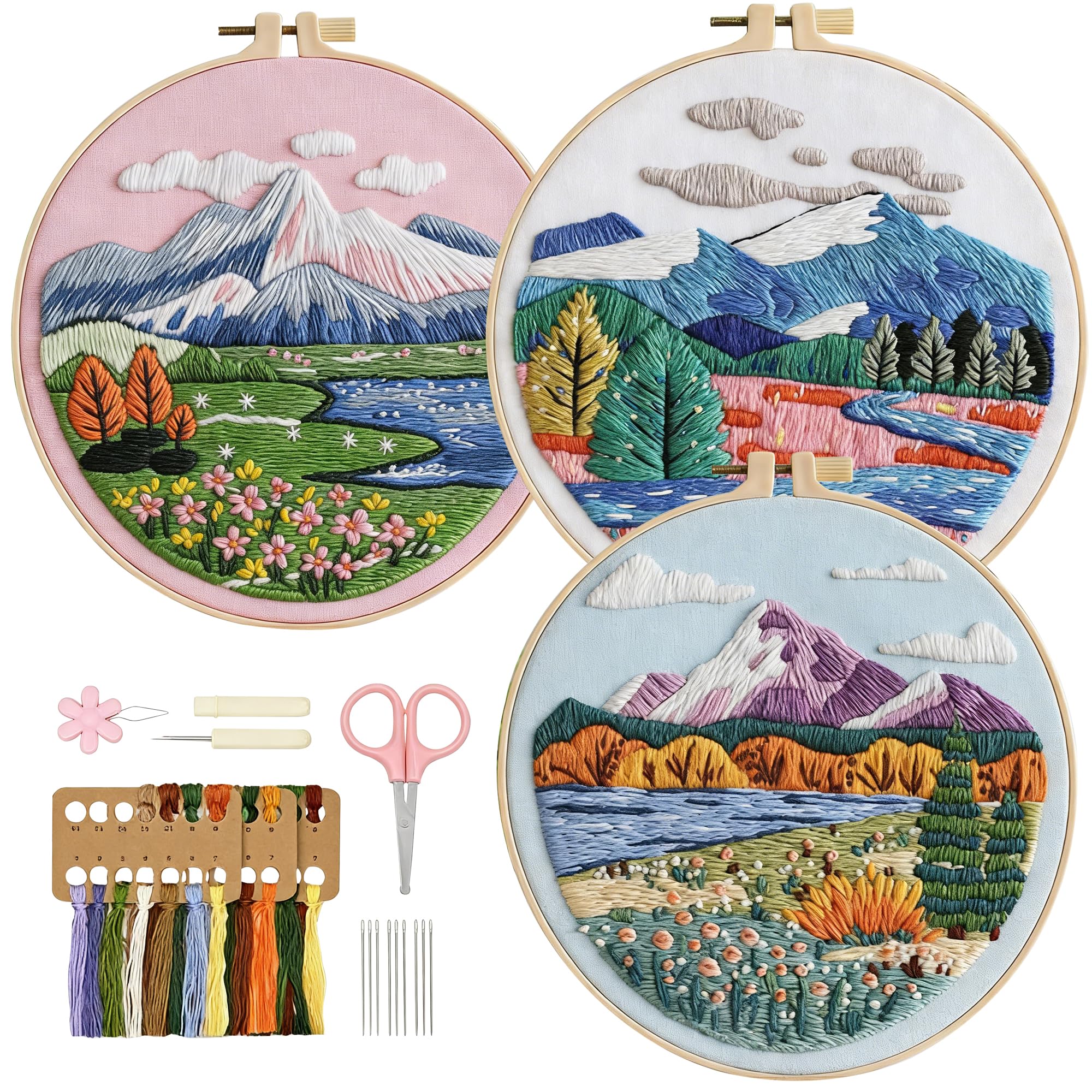 WYIPOLZI 3 Pcs Embroidery Kit for Beginners, DIY Hand Embroidery Starter Kit with Pre-Printed Mountain Pattern, Hoop & Embroidery Accessories, DIY Stitch Craft Set for Adults, Sewing Gift Set
