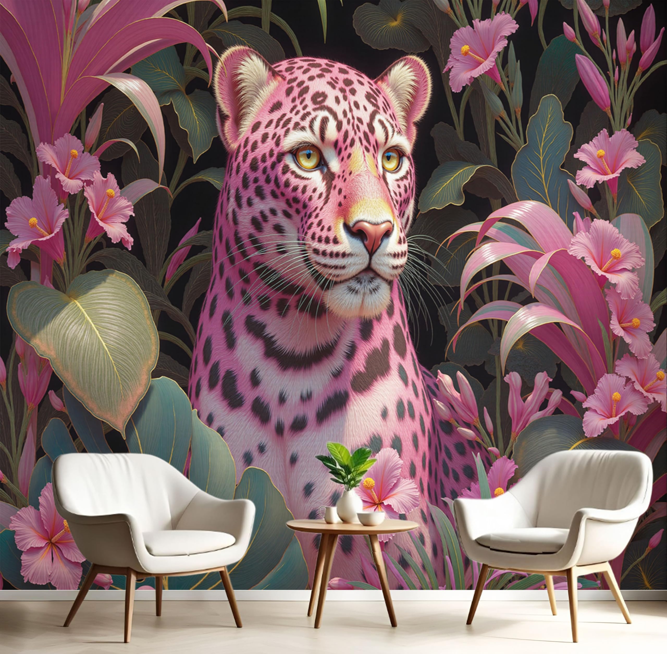 Papier peint léopard fleurs tropicales pour transformer un mur blanc triste