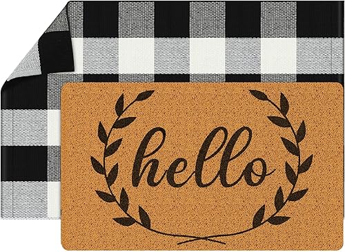 Maitys Alfombra de 2 piezas de búfalo para exteriores, decoración de coco, tapete de bienvenida antideslizante para porche, a cuadros, alfombra