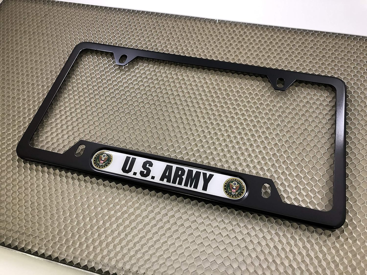 [Officially Licensed Product] - USA Patriotic Anodized Aluminum Thin Top | Narrow Top Car License Plate Frame with U.S. Army - White/Green Insert with Free caps - Black