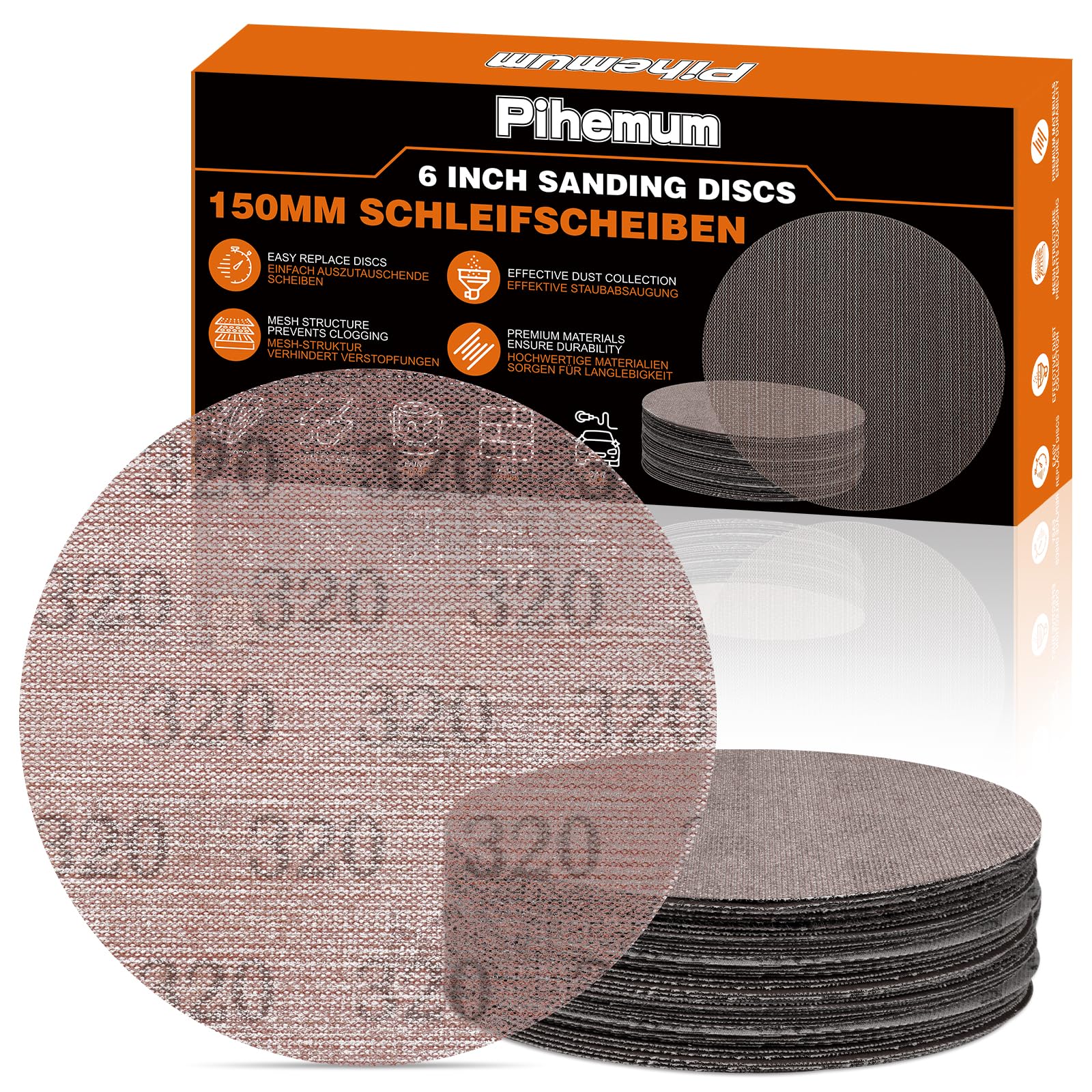 pihemum 50 Pcs 150mm Mesh Sanding Discs 320 Grit Hook and Loop Net Sandpaper for Orbital Sander