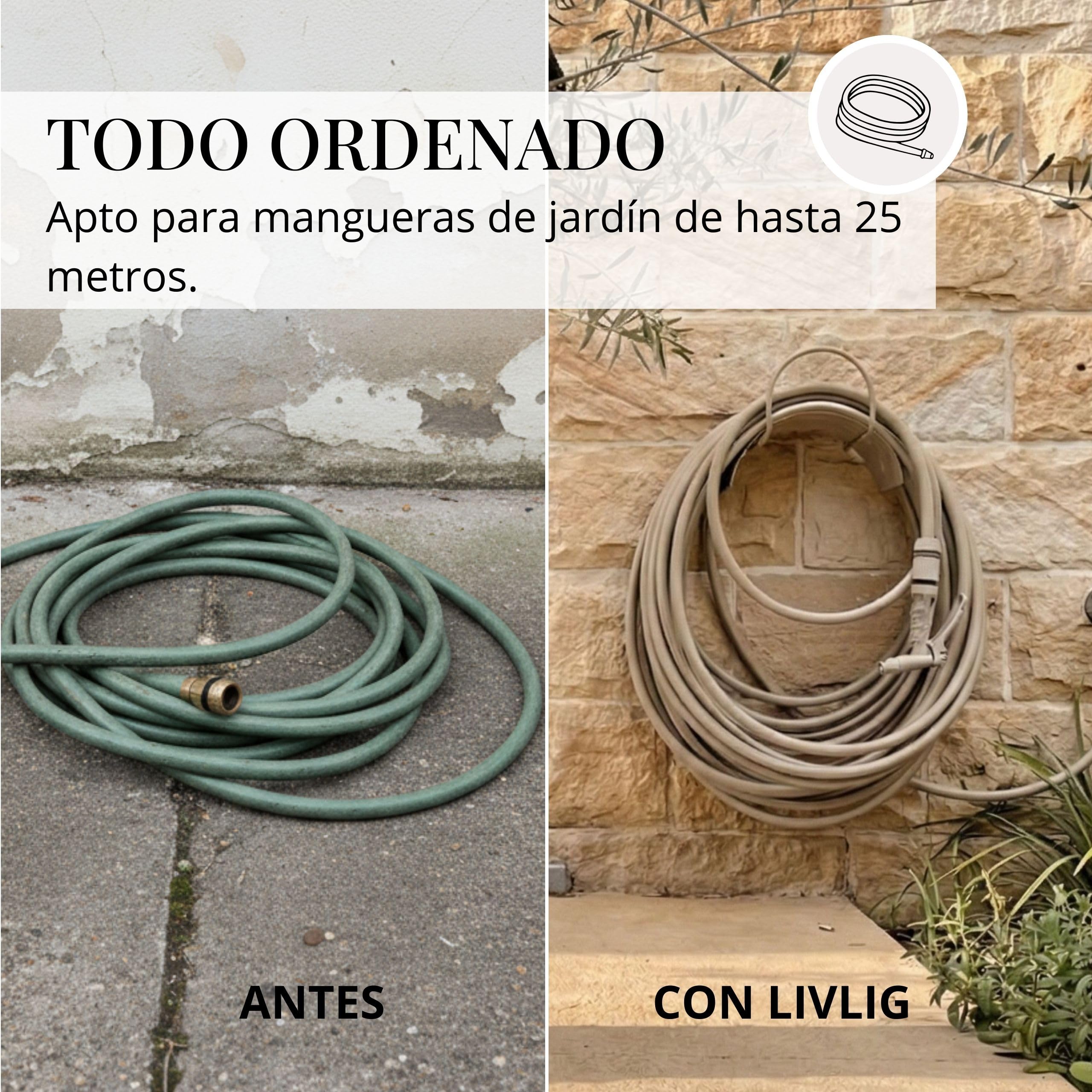Soporte para manguera de jardín fabricado en Italia, de acero pulverizado, apto para manguera de hasta 25 m, soporte de pared con tornillos y tacos, arena