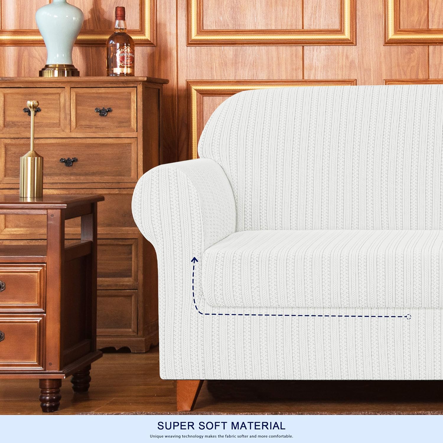 subrtex 2-Piece Slipcovers Stretch Knit Couch Sofa Stripes Pattern with Cushion Covers for Loveseat Washable Furniture Protector (Large,White)
