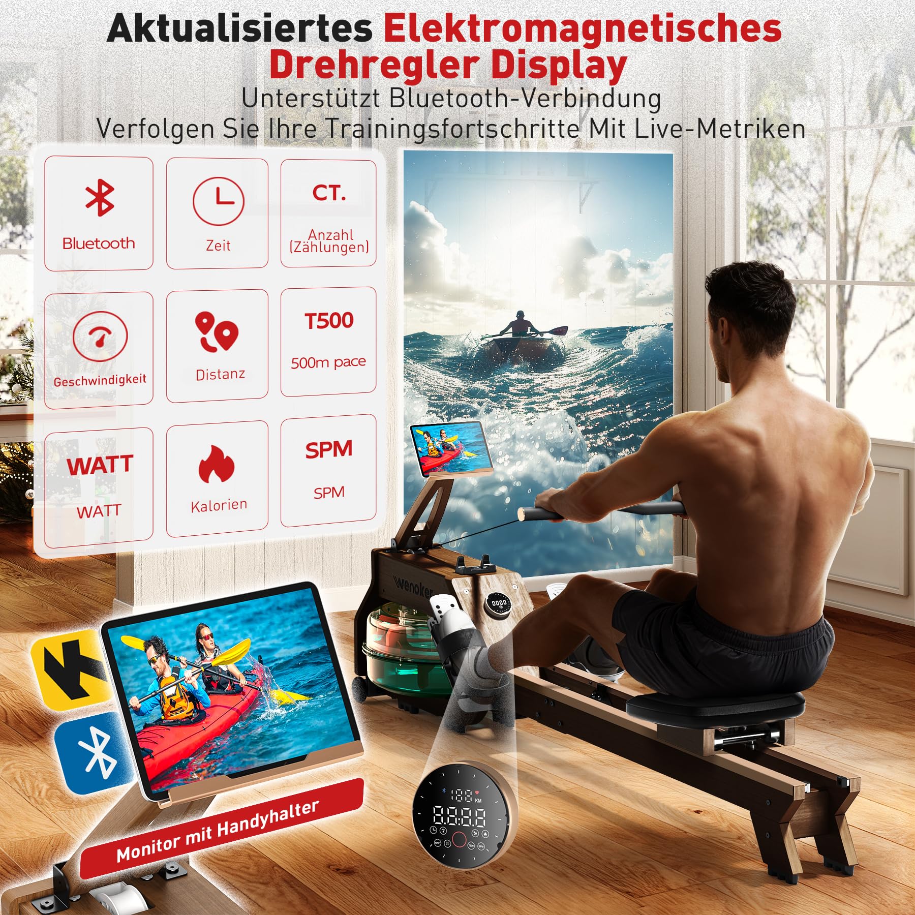 [2026] Wenoker Wasser Rudergerät für Zuhause + 22L Extra-großer Wassertank | LED Knob Display, Bluetooth App, FSC Massiv Eiche, Verbesserte Doppelschienen, Vertikal verstaubar