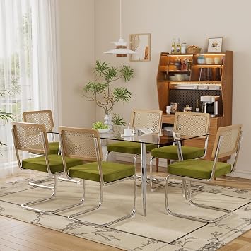 63" Modern Glass Dining Table & Rattan Chairs Set, 7-Piece Kitchen Table with 6 Velvet Dining Chairs Set- Metal Frame, Non-Slip Legs, Space-Saving Rectangular DesignOlive-Green