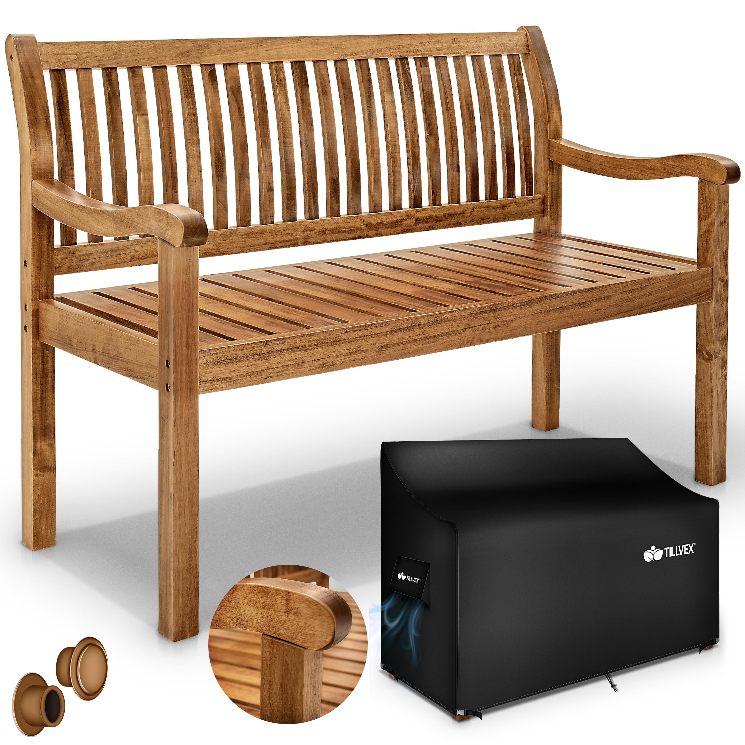 tillvex Banc de Jardin 150 cm en Bois avec Couverture | Solide Banquette d'Extérieur 3-4 Places | Jusqu'à 320 kg de Charge | Meuble de Terrasse, Parc, Patio, Balcon