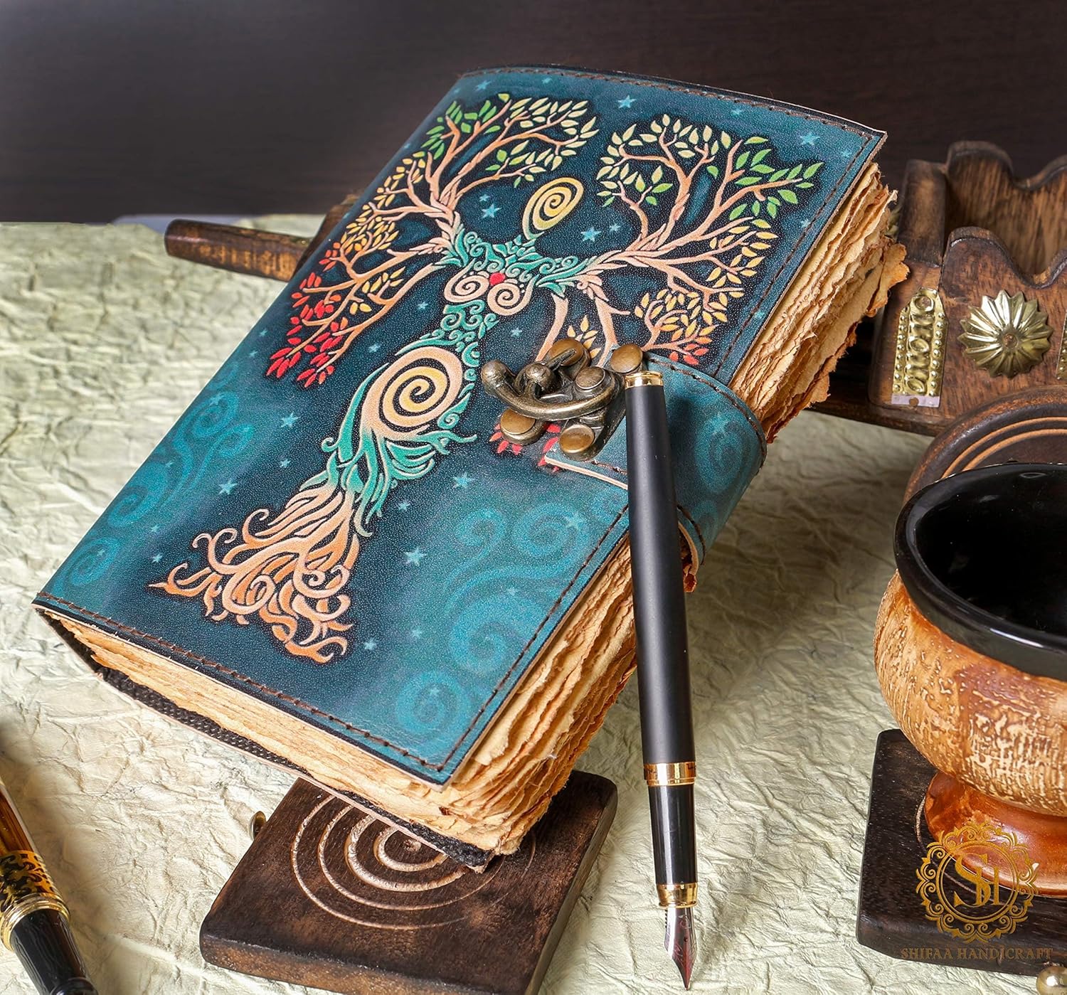 SH SHIFAA HANDICRAFT Blank Spell Book Of Shadows Journal With Lock Clasp Prop Vintage Handmade Leather Diary Embossed Prayer Pagan Antique Witchcraft Supplies Wiccan Notebook Daily (13x10)