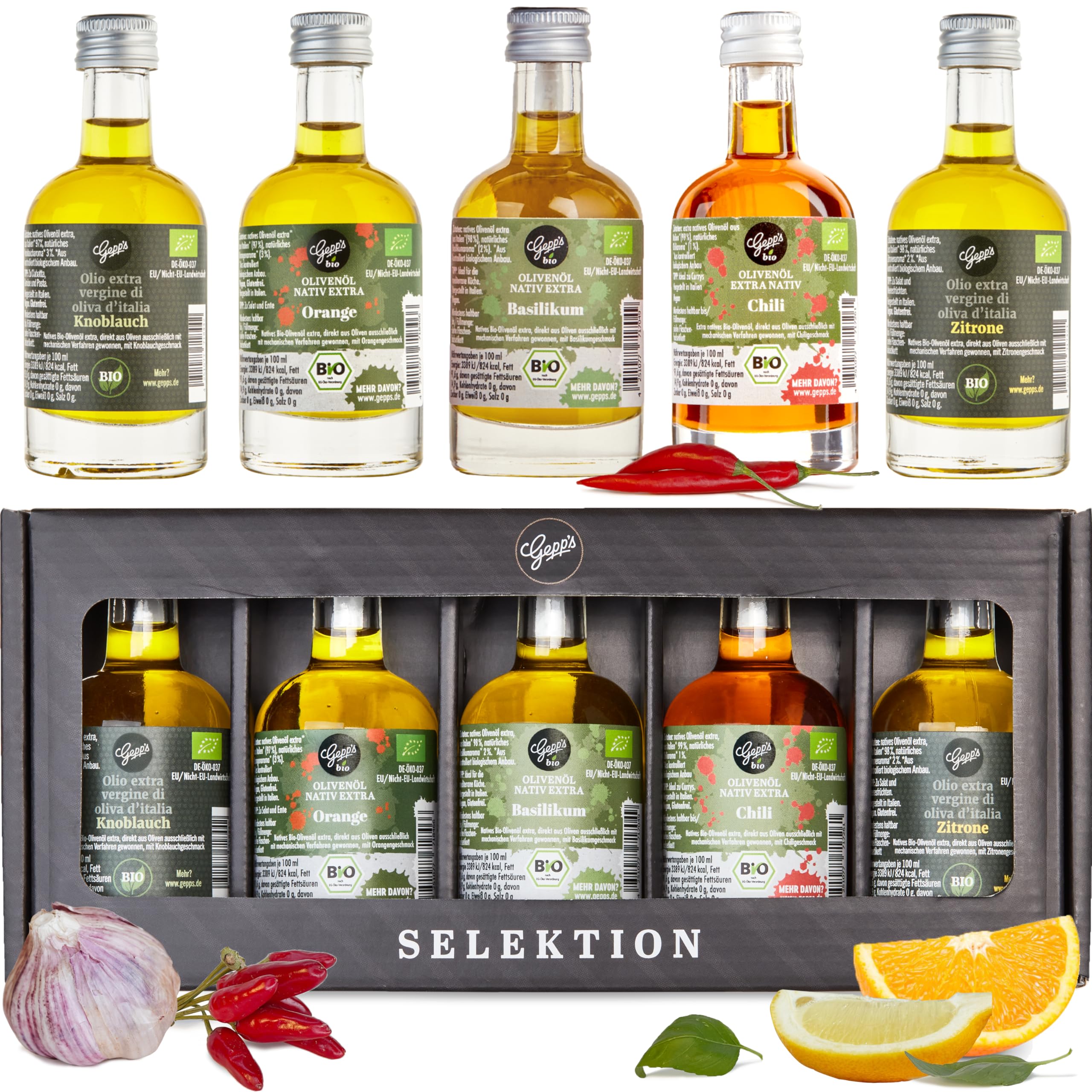 Gepp‘s Feinkost Öl Geschenkbox „Öl-Clutch“ I Gewürzöl Set mit 5 erlesenen BIO-Ölen I Olivenöl Basilikum, Chili, Knoblauch, Orange & Zitrone I Geschenkidee für Männer & Frauen