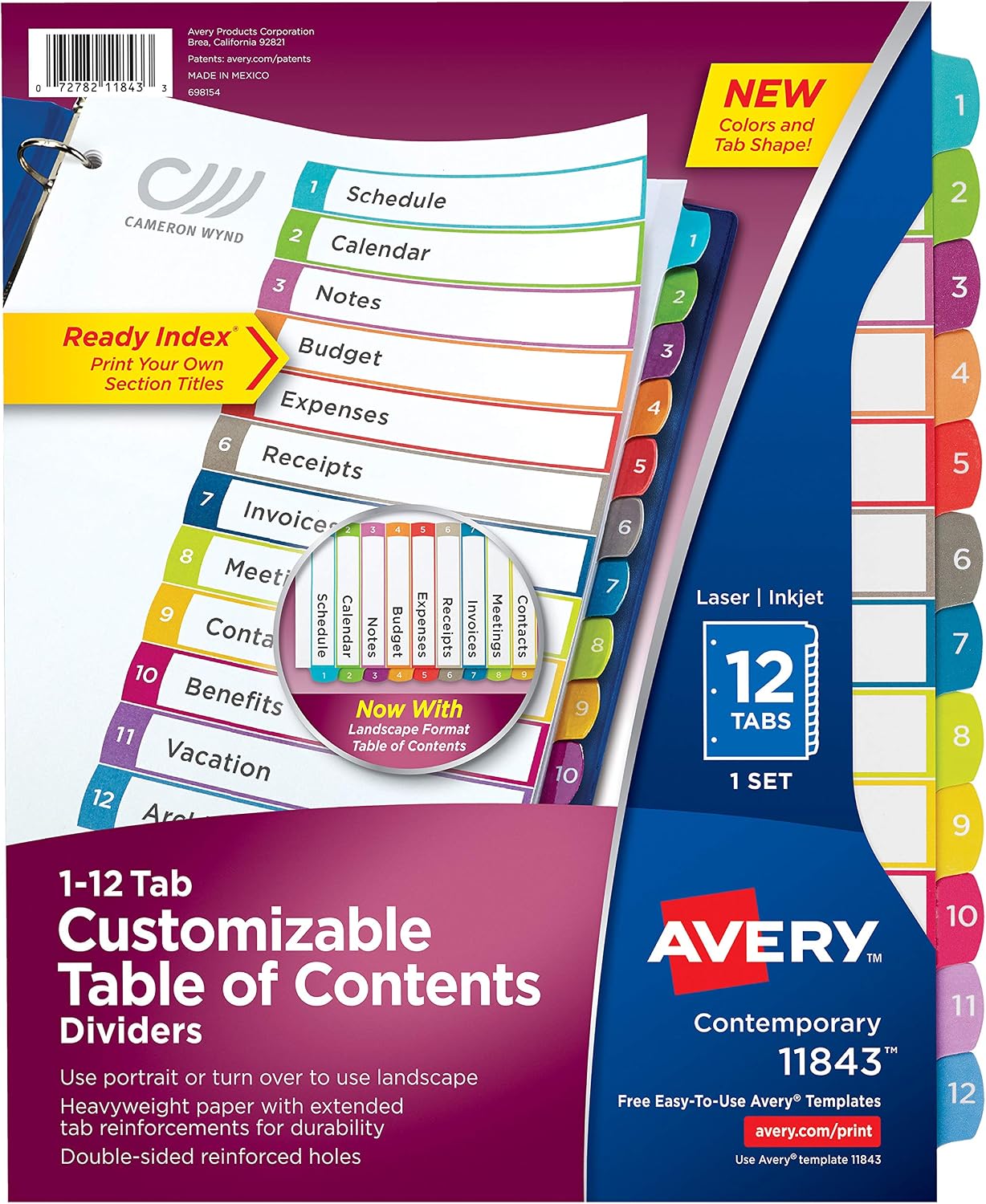 AVERY 12 Tab Dividers for 3 Ring Binders, Customizable Table of Contents, Multicolor Tabs, 1 Set, 24 Packs (11843)
