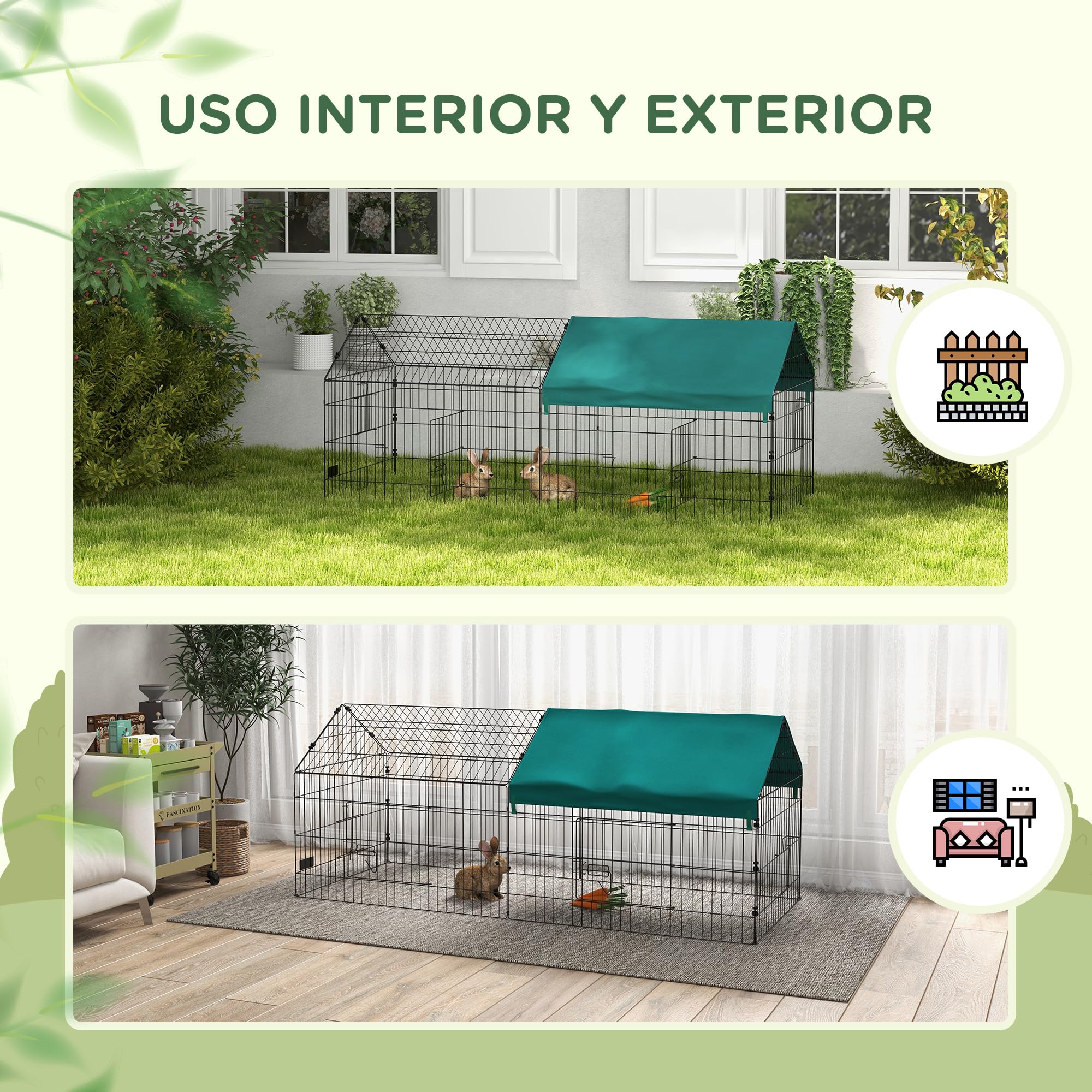 PawHut Jaula para Animales Pequeños Jaula para Roedores de Acero con Puertas y Tela Superior para Conejos Chinchillas Gallinas 185x75x75 cm Verde