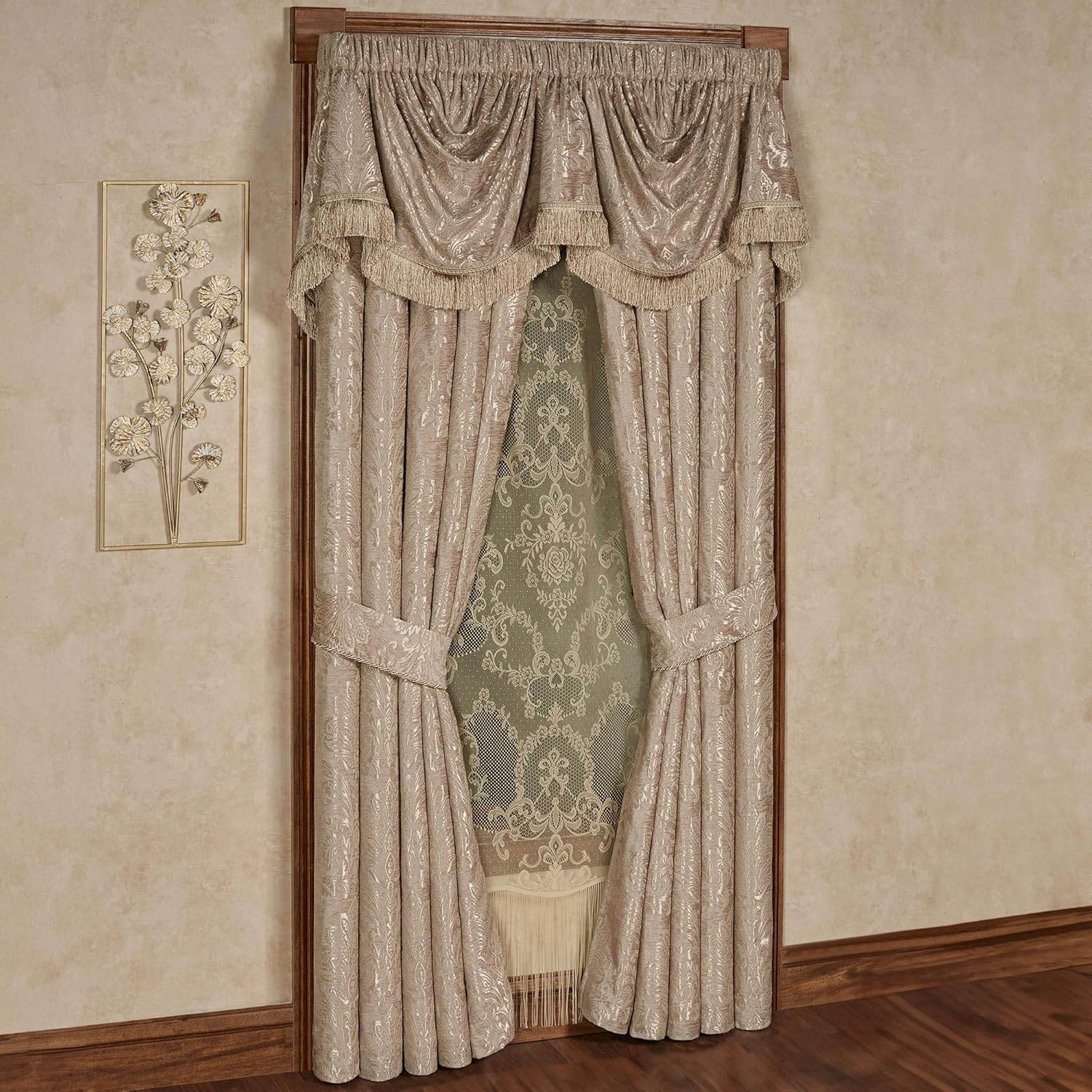 Touch of Class Camelot Luxury Window Treatment | Striking Emerald Green | Matte Satin Damask on Richly Textured Jacquard-Woven Chenille Drapery Set Includes Empire Valance and 95L Curtain Pair