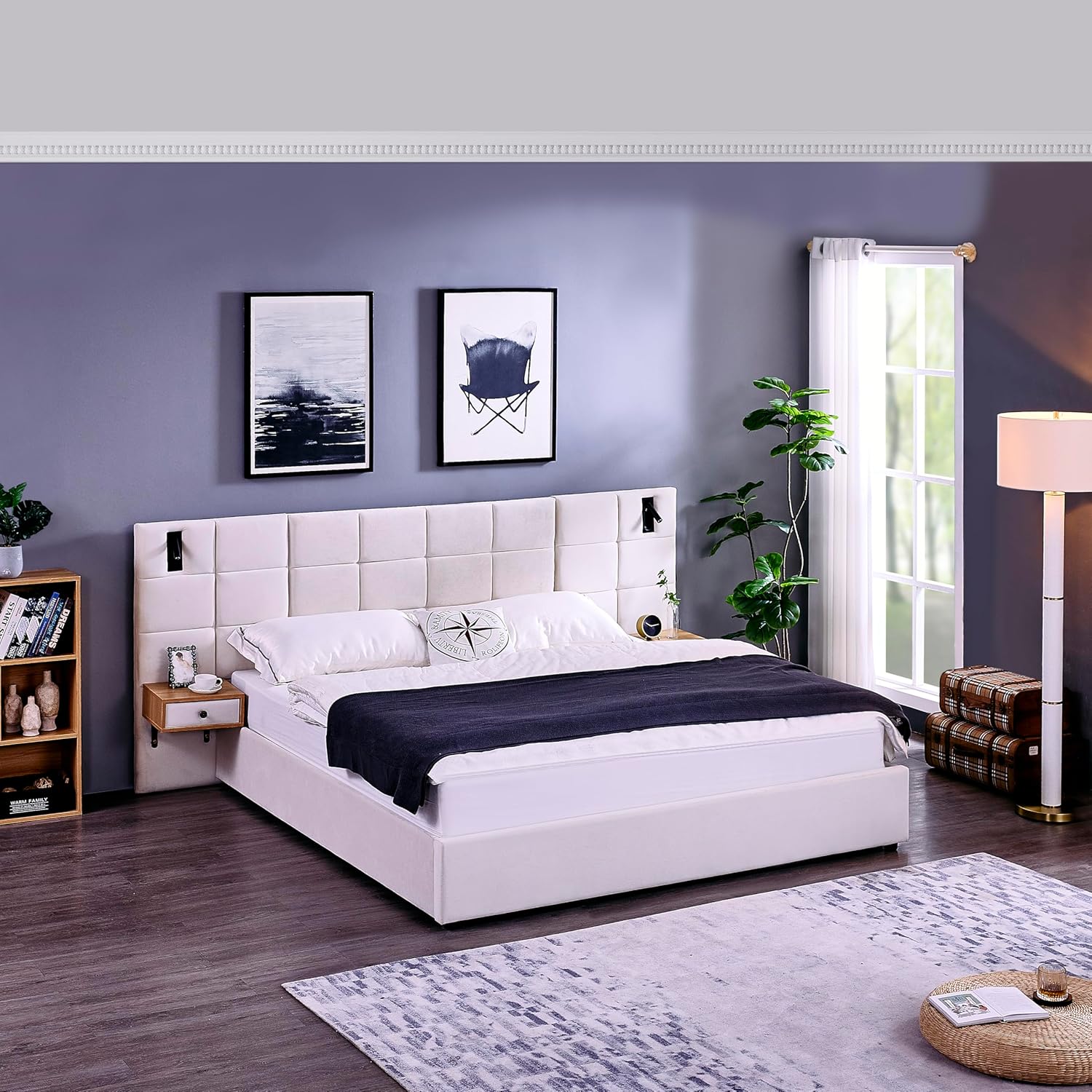 KEIKI Luxury King Size Lift Up Platform Bed Frame with Integrated Headboard & 2 Shelves, Upholstered Velvet Hydraulic Storage Bed with Slats, Easy Assembly, No Box Spring Required, for Bedroom, Beige