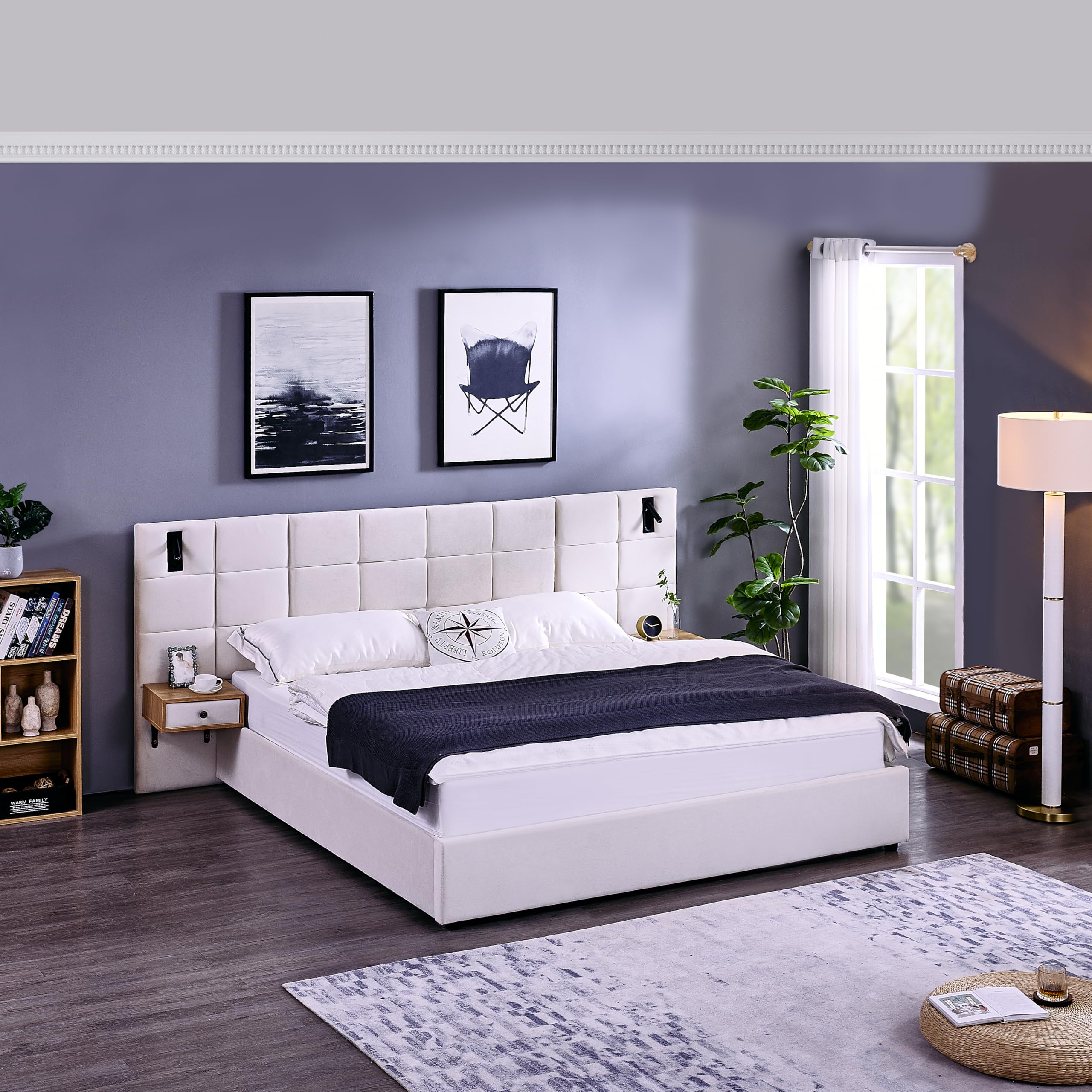 KEIKI Luxury King Size Lift Up Platform Bed Frame with Integrated Headboard & 2 Shelves, Upholstered Velvet Hydraulic Storage Bed with Slats, Easy