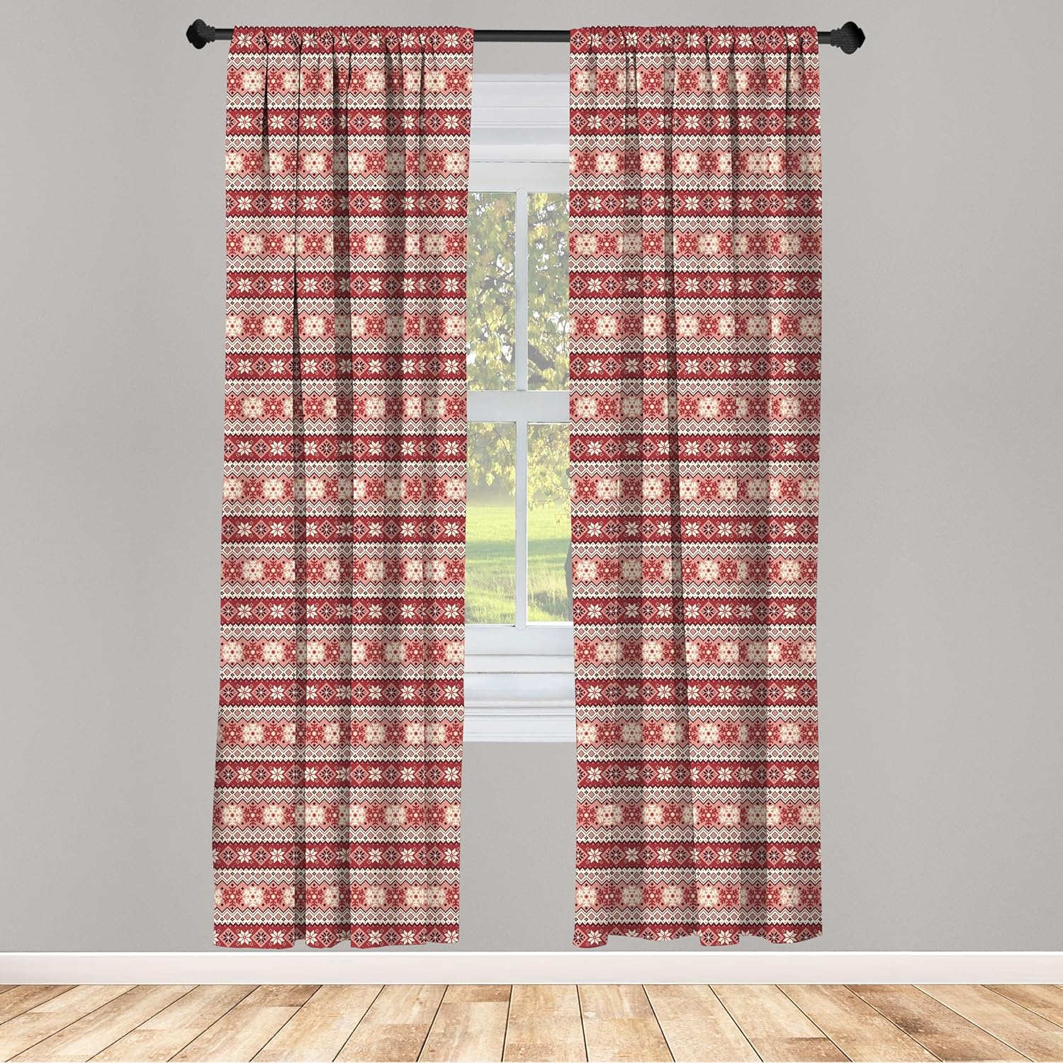 Ambesonne Nordic Curtains, Ancestral Classic Scandinavian Geometric Pattern Pixel Look Snowflakes, Window Treatments 2 Panel Set for Living Room Bedroom, Pair of - 28" x 95", Dark Coral White Blush