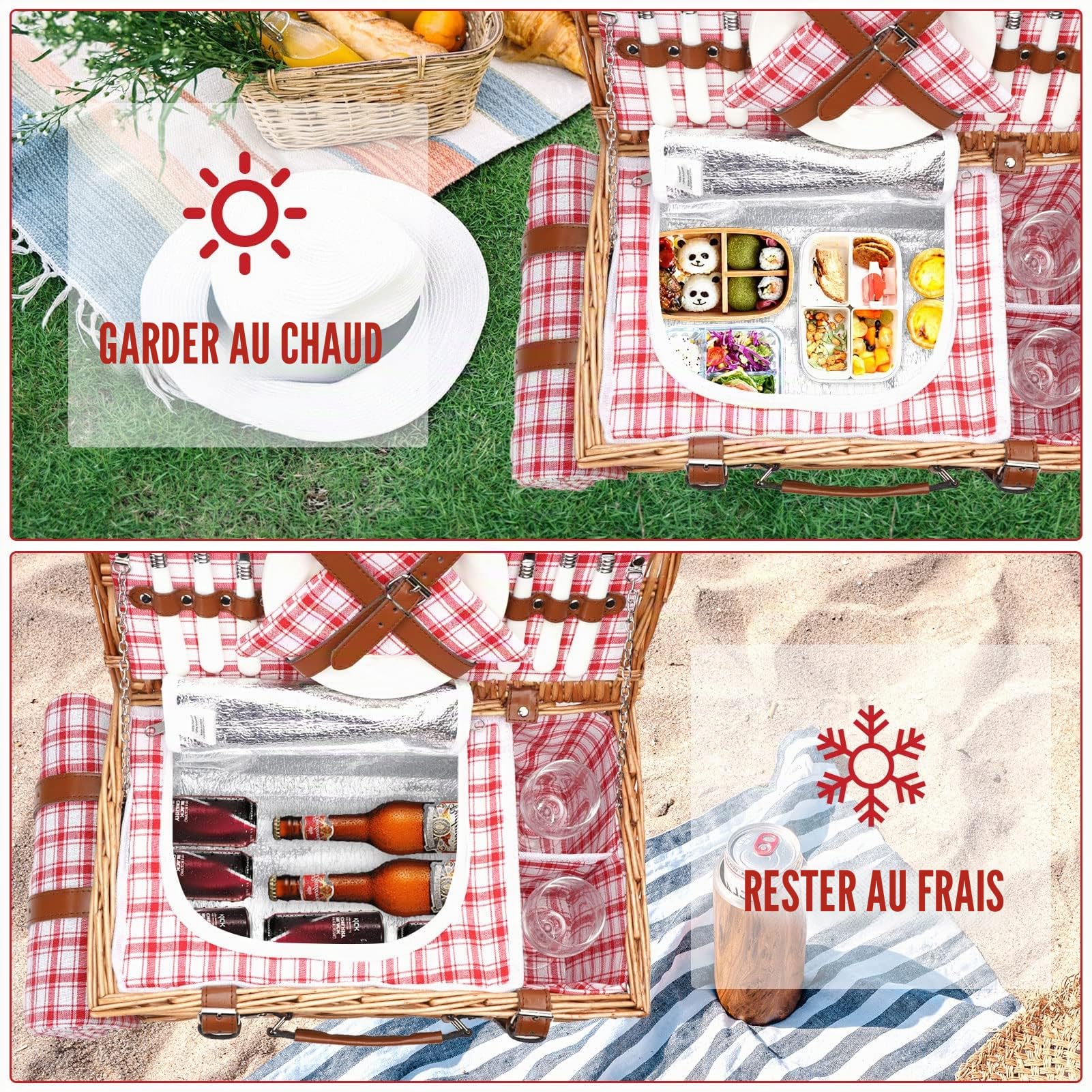 Panier de pique-nique en osier pour 2 personnes avec couverture de pique-nique imperméable et grand compartiment isotherme - Panier de pique-nique en saule avec kit de couverts pour camping, mariage