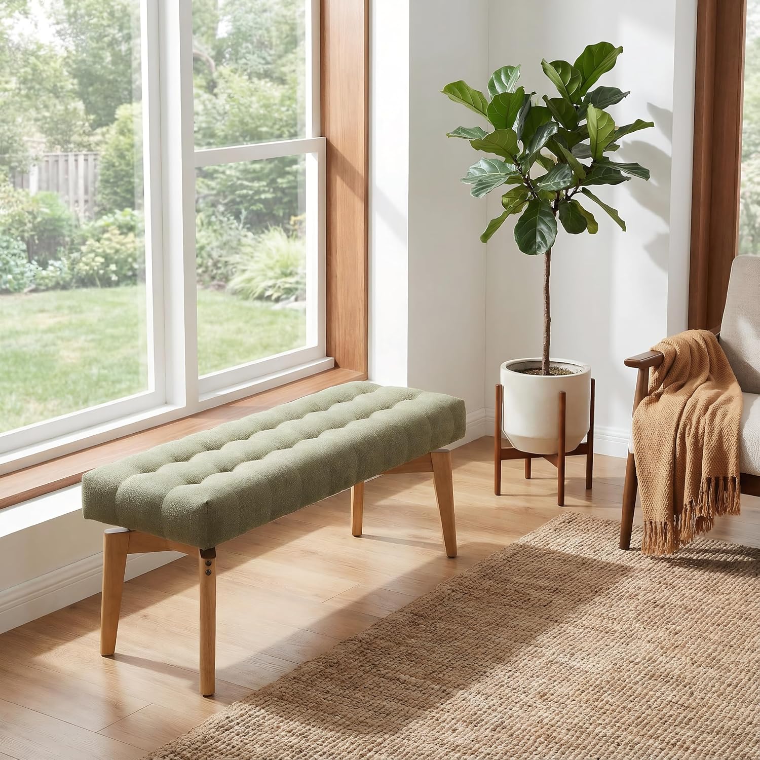 HNY Entryway Bench Tufted Upholstered Bench 45.5 End of Bed Bench for Bedroom Wood Storage Bench Modern Floating Design Window Bench Ottoman Long Bench Seat for Living Room Indoor Hallway（Green Linen