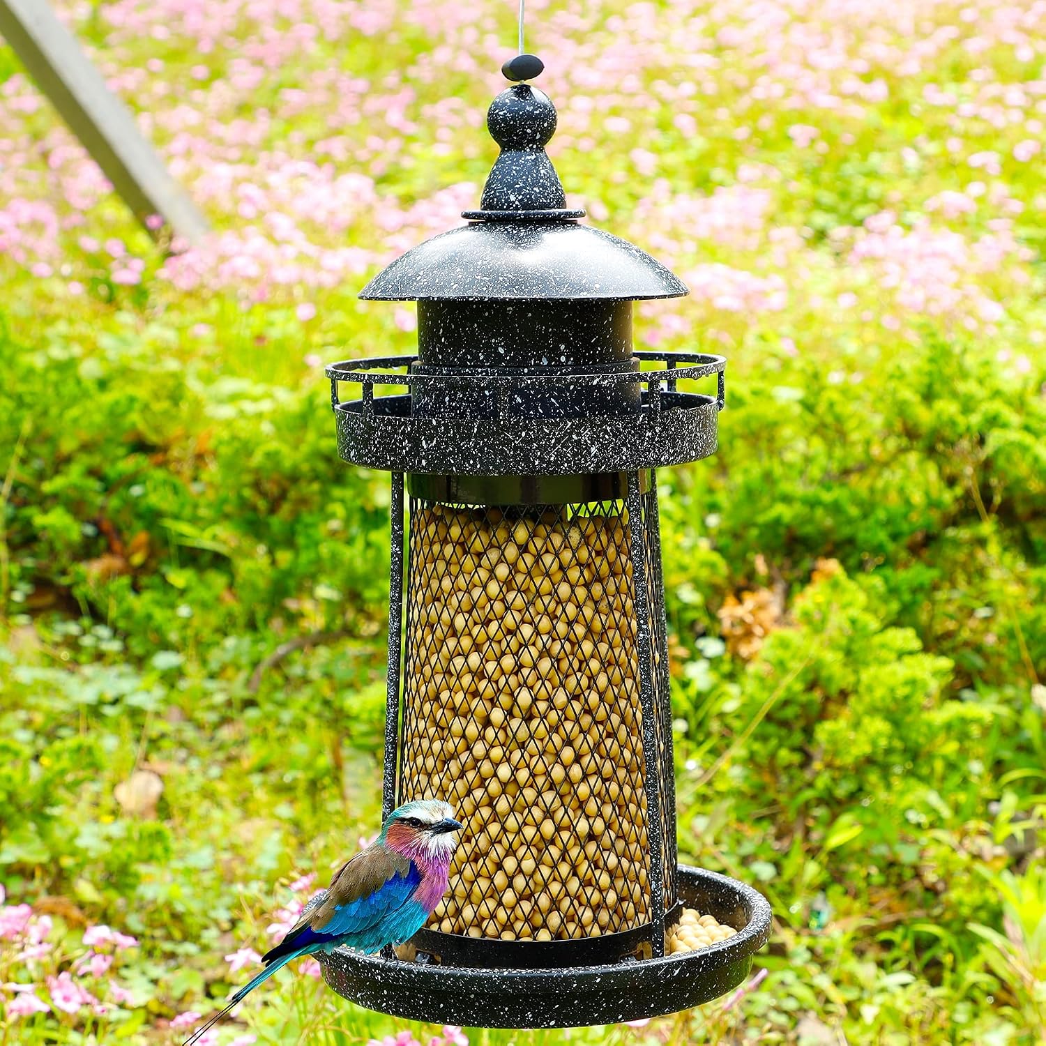 Twinkle Star Wild Bird Feeder Hanging for Garden Yard Outside Decoration, Panorama Gazebo Birdfeeder, Lighthouse Shaped, Black