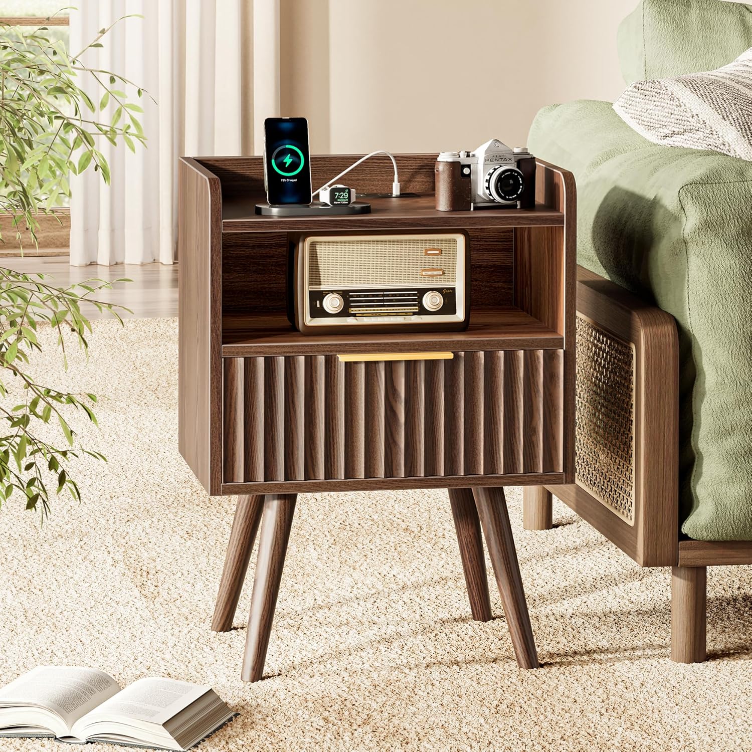 Huuger Nightstand with Charging Station, USB-C Port, Fluted Night Stand with Drawer, Bed Side Table with Solid Wood Feet, Open Storage, End Table with Raised Edge, for Bedroom, Walnut