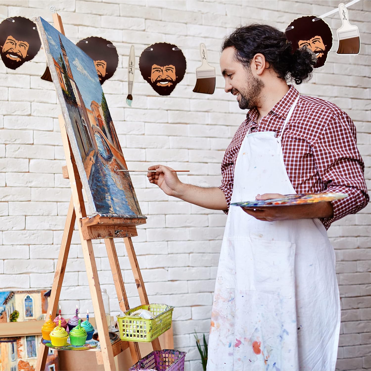 Bob Ross Party In A Box Kit - Serves 10 People - Includes Plates, Napkins, Utensils, Cups & More- Over 100 Pieces - For Bob Ross Fans, Artists, Retirement, Graduation Parties - Party Supplies