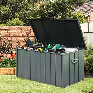 Domi Deck Box 100 Gallon Outdoor Storage Box, Large Metal Storage Cabinet Waterproof Lockable Container for Patio Furniture Cushions Garden Tools Pool-Supplies, Dark Grey