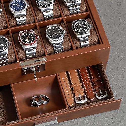 Miniatura 5 de Juego de regalo de 10 ranuras con cajón de valet y caja de viaje a juego de 2 relojes organizador de exhibición de lujo para relojes soporte de