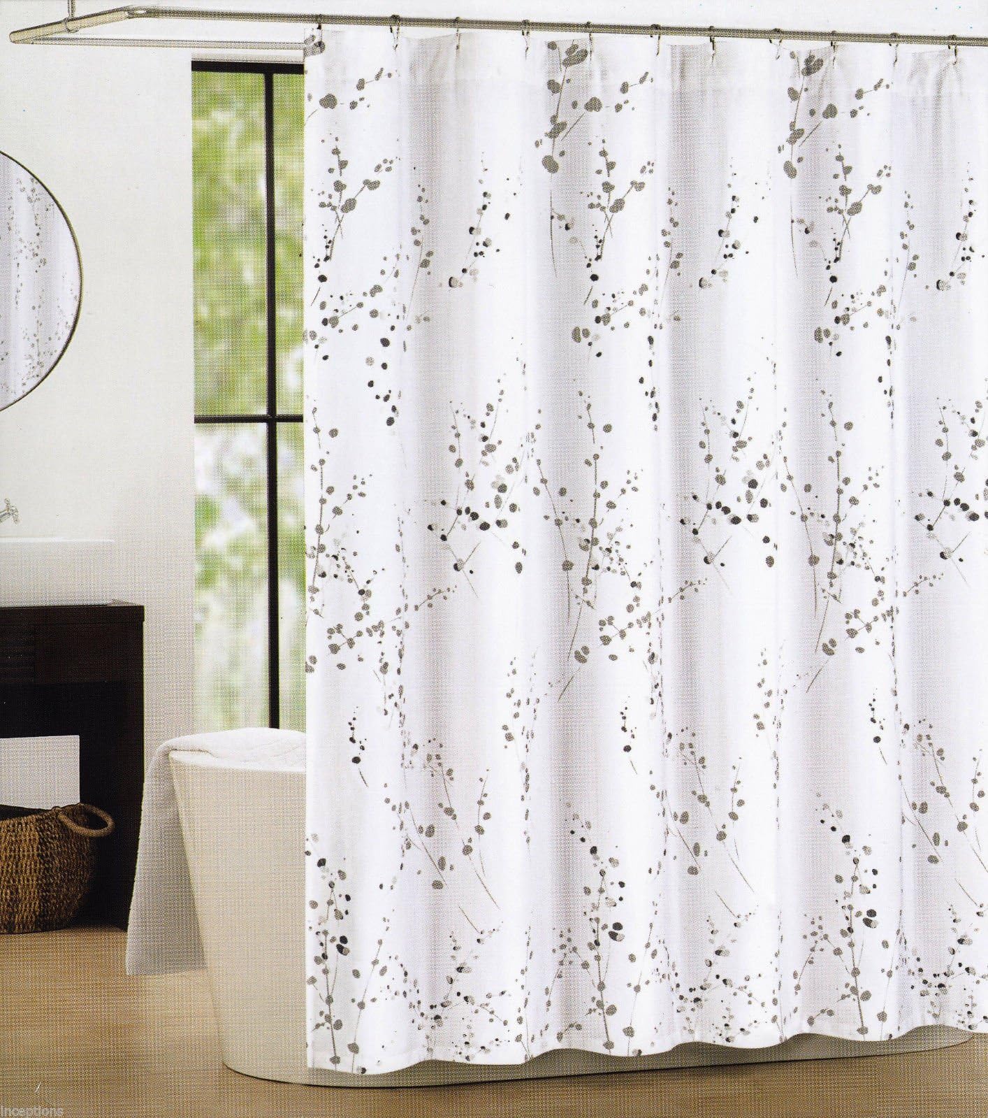 Tahari Sprigs Fabric Shower Curtain Gray Silver on White
