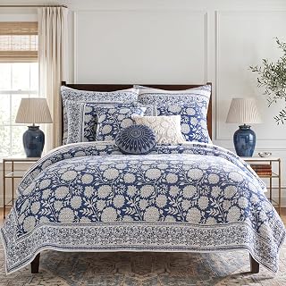 Levtex Home Adare Denim Reversible Full/Queen Quilt Set (88x92in) with 2 Pillow Shams (26x20in) - Floral Bedding - Blue White - Cotton Full/Queen Size Quilt Bedding Set - Lightweight, Soft, Pre-Washed