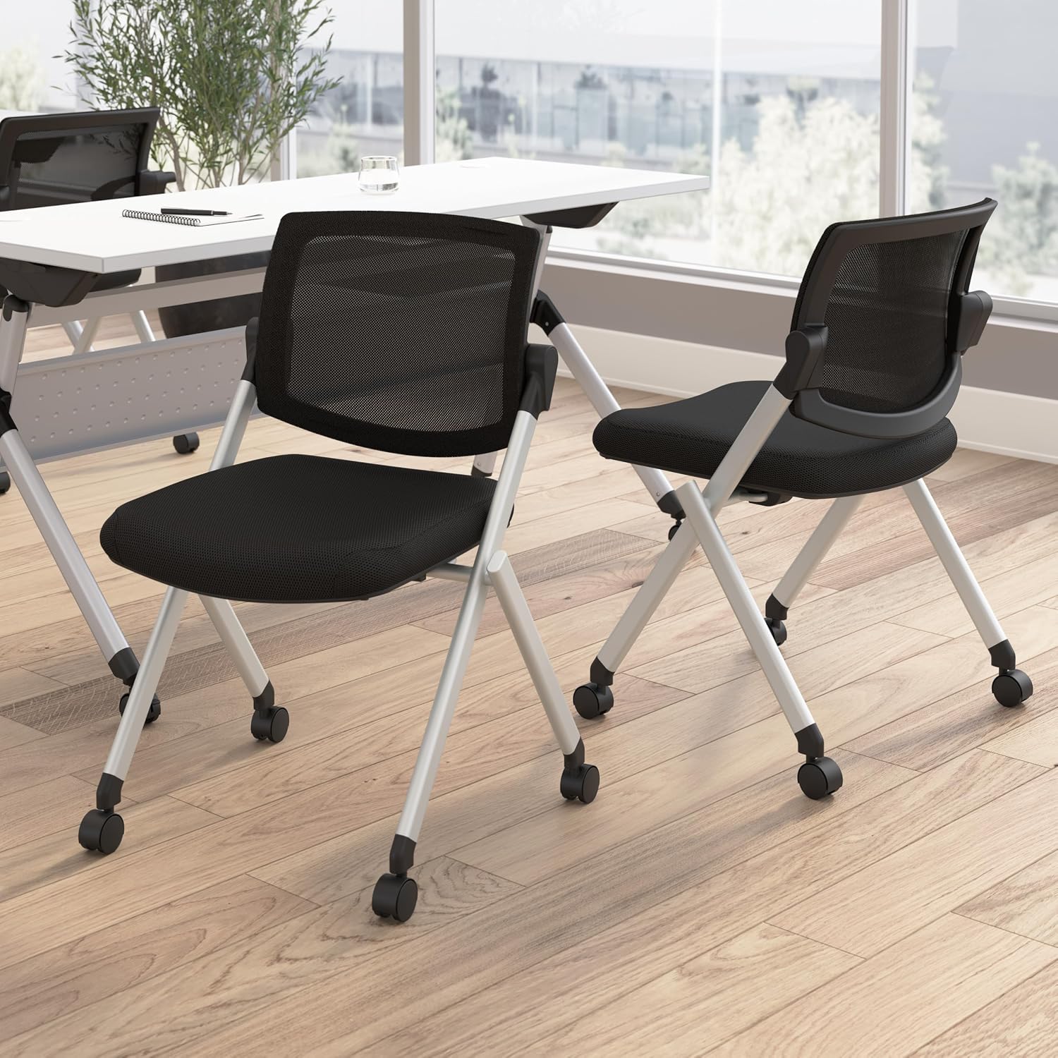 Bush Business Furniture Folding Chairs Set of 2, Commercial-Grade Mesh Back Seating for Office, Classroom and Conference Room, Training Room and Guest Armless Chairs, Envision Collection, Black Mesh