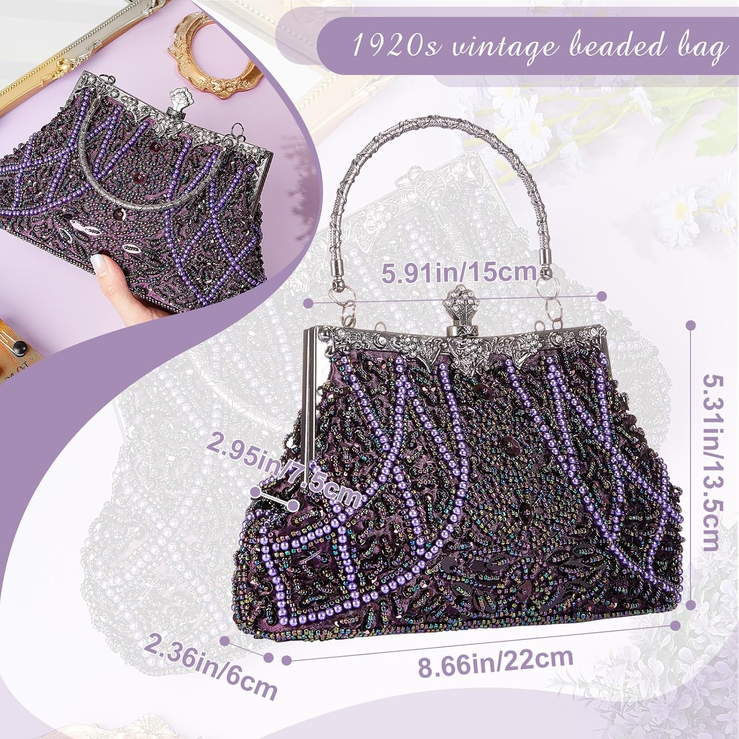 Amylove 1920s Accessories for Women Vintage Beaded Clutch Evening Bag Formal Rhinestone Flapper Purse for Wedding Party Gift