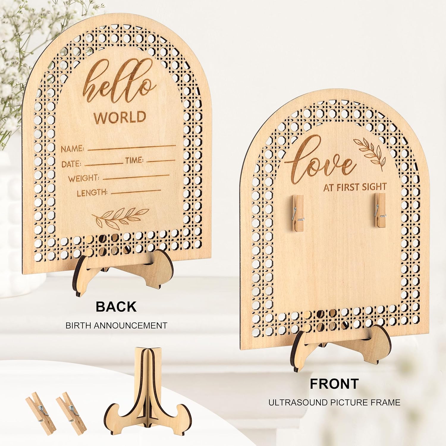 Blinking Stars Ultrasound Picture Frame, Double-Sided Rattan Arch Wooden Sign For Pregnancy Or Birth Announcement Baby Reveal- Nursery Decor Sonogram Photo Frame, New Mom Expecting Parents Gifts
