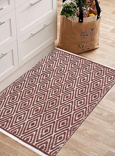 Miniatura 5 de Chardin Home, tapete 100% algodón, reversible por completo, de 21 x 34 pulgadas, se puede lavar a máquina, blanco y rojo