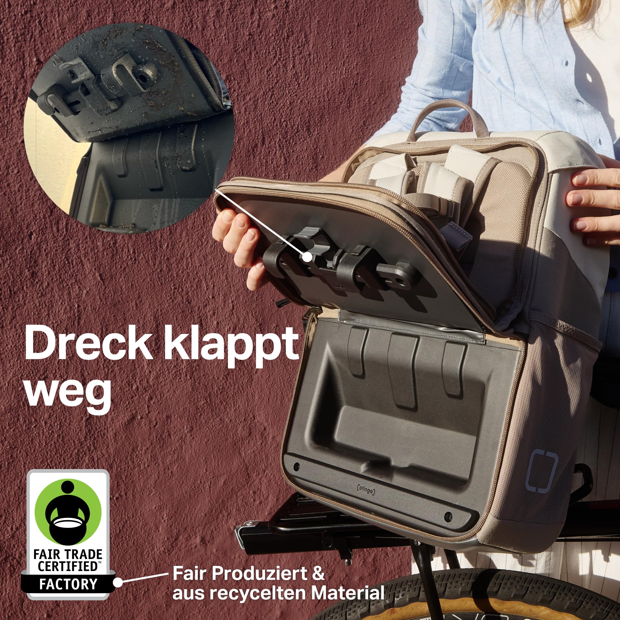 otinga® Flip Move Fahrradtasche Rucksack [16L Volumen] für jeden Gepäckträger I Gepäckträgertasche mit Rucksack - in 7 Sekunden umgebaut I Wasserdichter Fahrradrucksack Gepäckträger (leinen-grau)