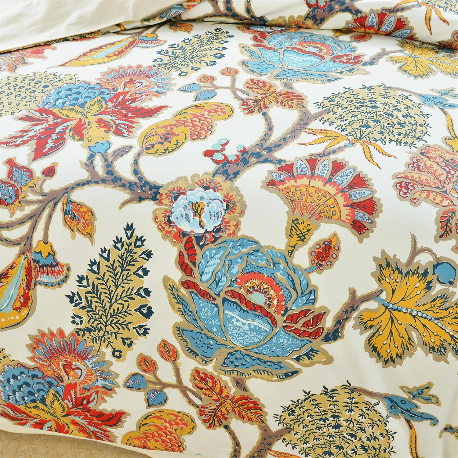 ABREEZE Vintage Boho Floral Duvet Cover Set-100% Egyptian Cotton Flower Bedding Sets 1 Duvet Cover with 2 Pillowcases Soft Breathable Bedding with Button Closure Super (Queen)