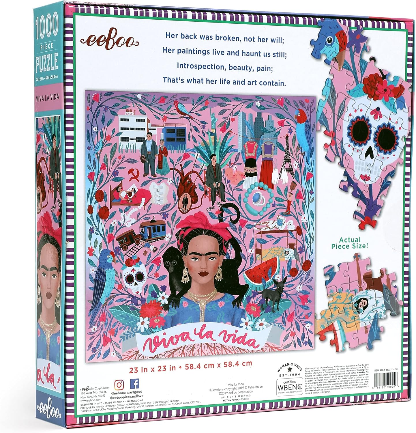 eeBoo: Piece and Love Viva la Vida Frida Kahlo 1000 Piece Square Adult Jigsaw Puzzle, Puzzle for Adults and Families, Glossy, Sturdy Pieces and Minimal Puzzle Dust