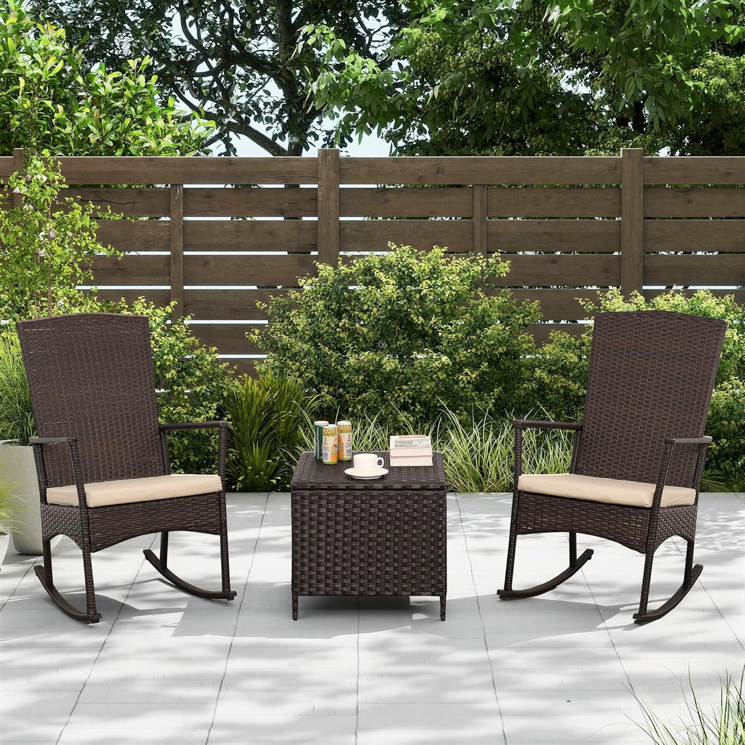 Outdoor PE Wicker Rocking Chair 3-Piece Patio Rattan Bistro Set 2 Rocker Armchair and Glass Coffee Side Table Furniture Washable Lacing Khaki Cushions
