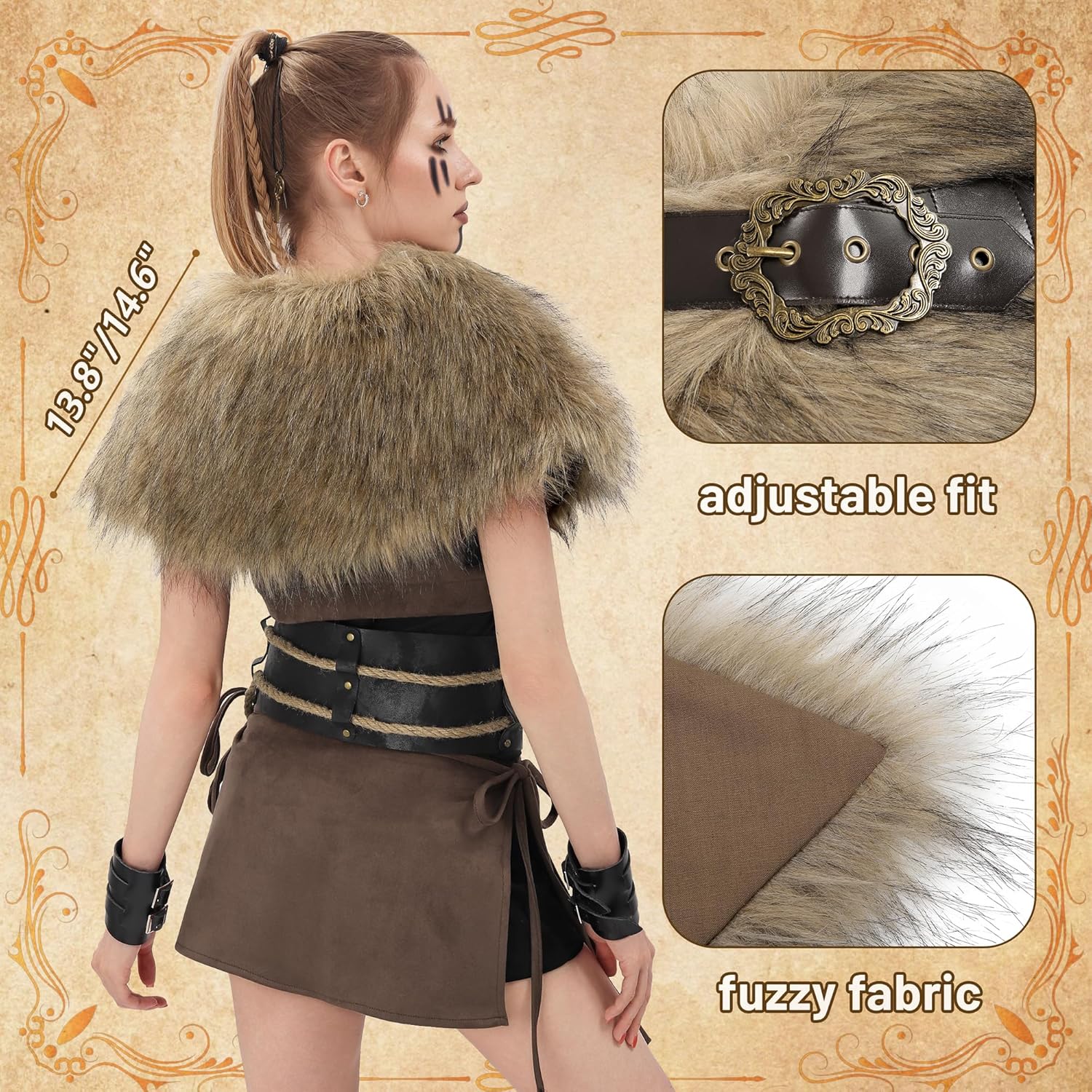 KUOIN Medieval Faux Fur Cape Shawl, Women's Shoulder Wrap Renaissance Eskimo Costume Collar - Image 6