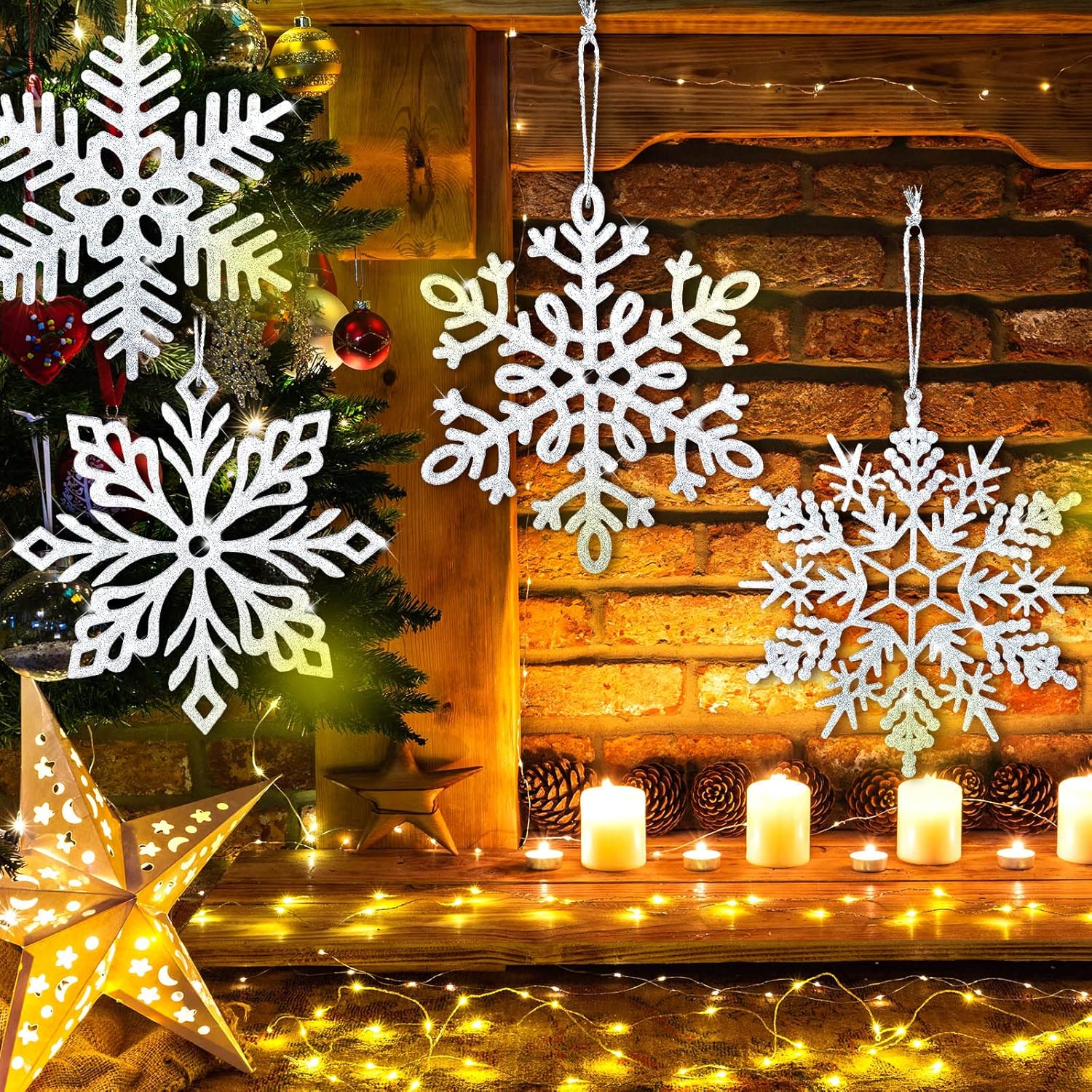 Civaner 10 Pieces Large Snowflakes Ornaments 12'' Glittered Snowflakes Decorations Christmas Hanging Decorations for Winter Christmas Tree Decor Craft(Silver)