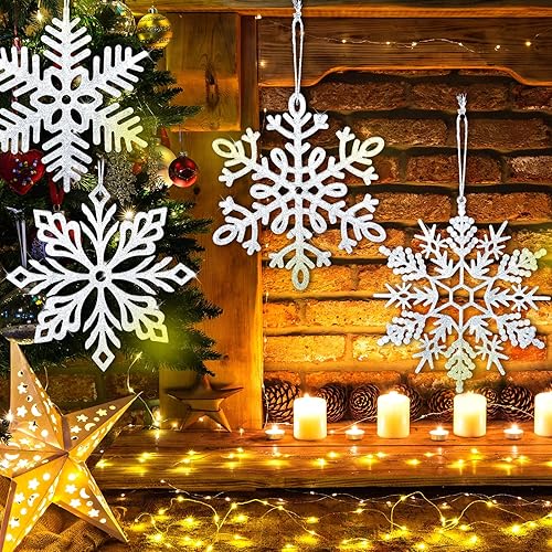 Miniatura 7 de Civaner 10 adornos grandes de copos de nieve de 12 pulgadas, decoración de copos de nieve con purpurina, decoraciones colgantes de Navidad para