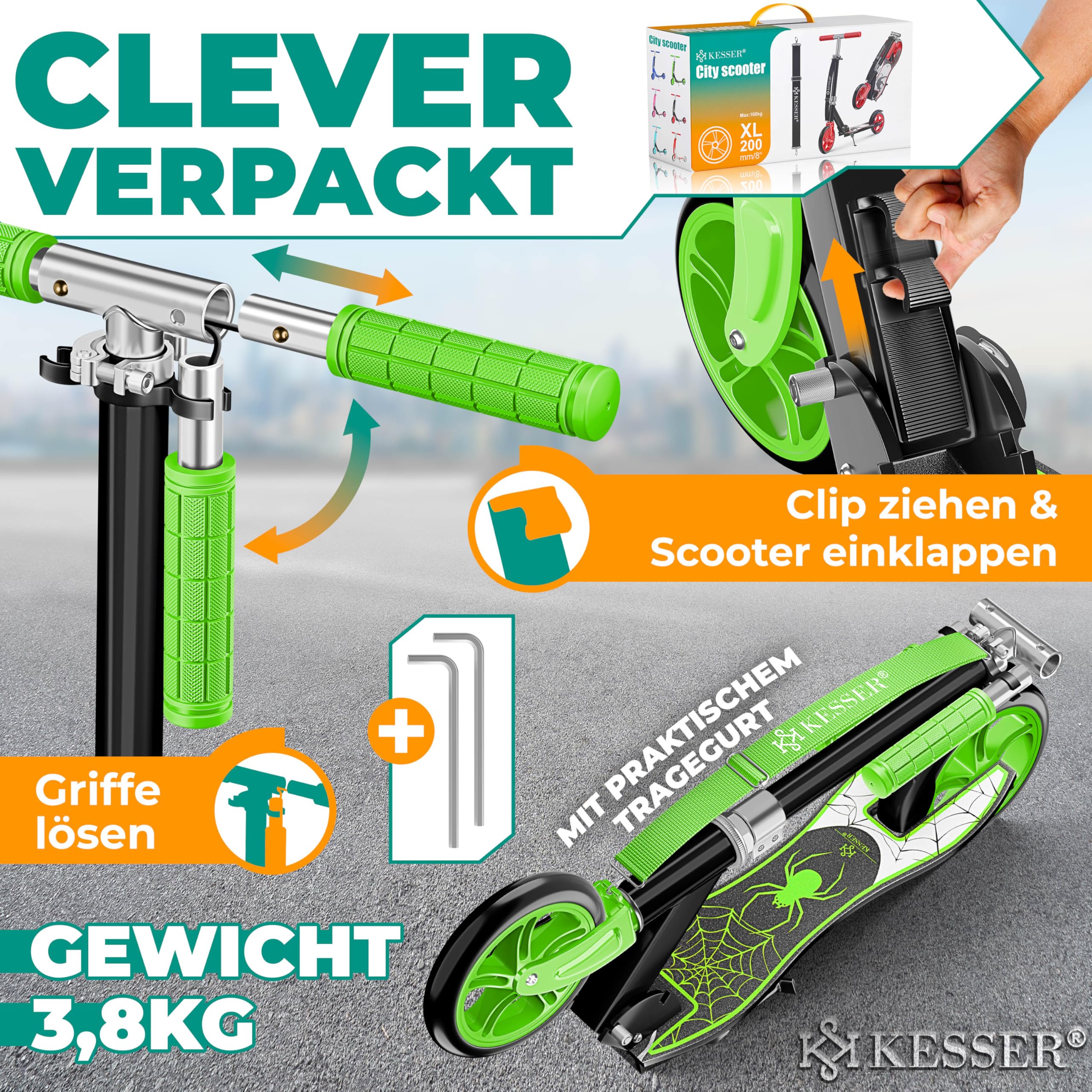 KESSER® City Scooter per Bambini, Monopattino Pieghevole Regolabile in Altezza, Scooter fino a 100 kg, Freno alla Ruota Posteriore, fino a 190 cm di Altezza, Cinghia di Trasporto inclusa