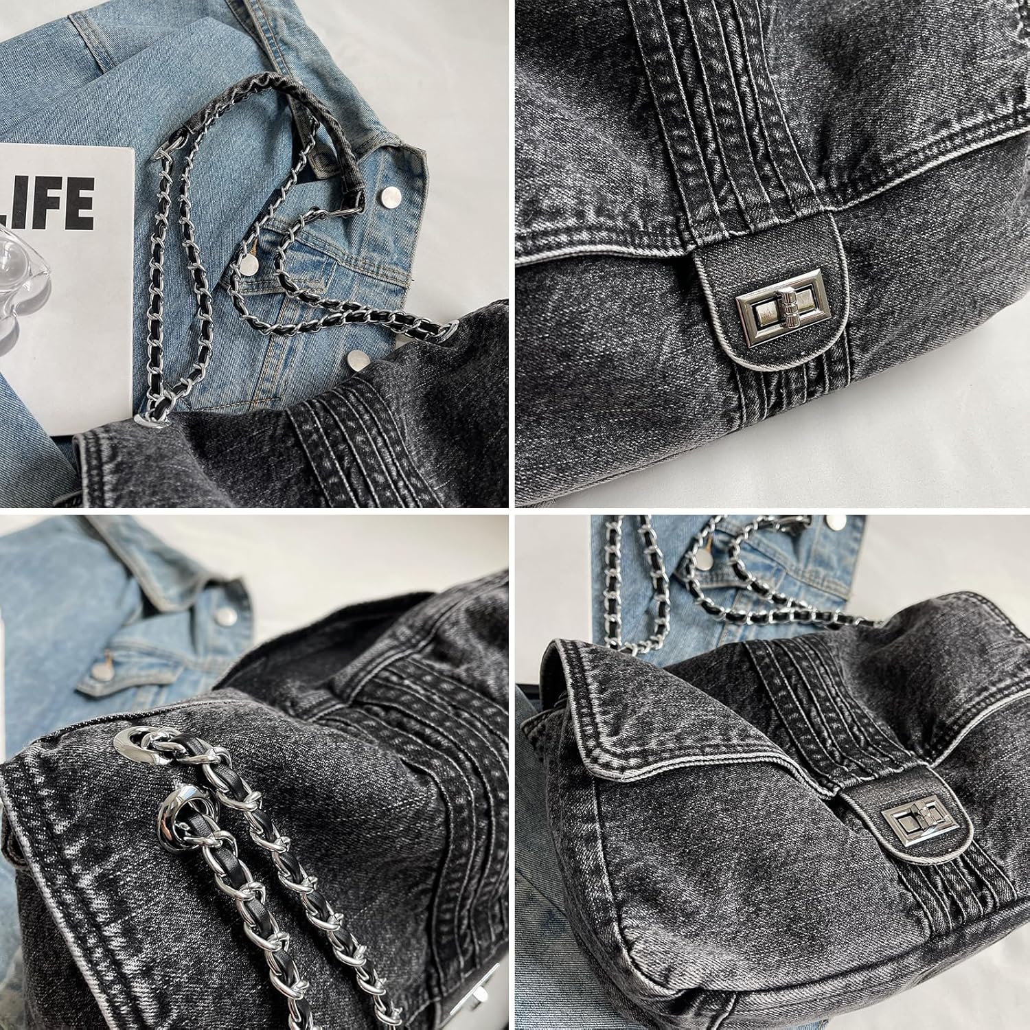 Denim Crossbody Bag Jean Purses for Women Denim Handbags Clutch Purse Shoulder Bags (A Black) - Image 4