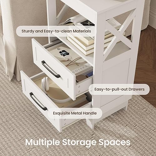 Miniatura 4 de Juego de 2 mesitas de noche altas con 2 cajones, moderna mesita de noche de madera, mesita de noche estrecha con estante superior abierto, pies