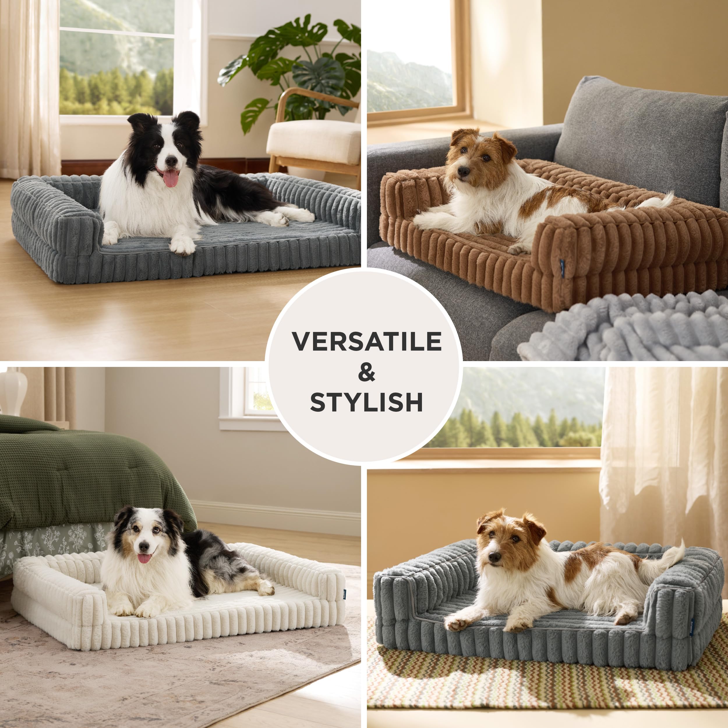 Bedsure Cama Perro Ortopédica Grande - 89x64x18cm Camas para Perros Tipo Sofá con Espuma Viscoelástica y Bordes, Impermeable, Base Antideslizante, Funda de Pana Extraíble y Lavable, Gris