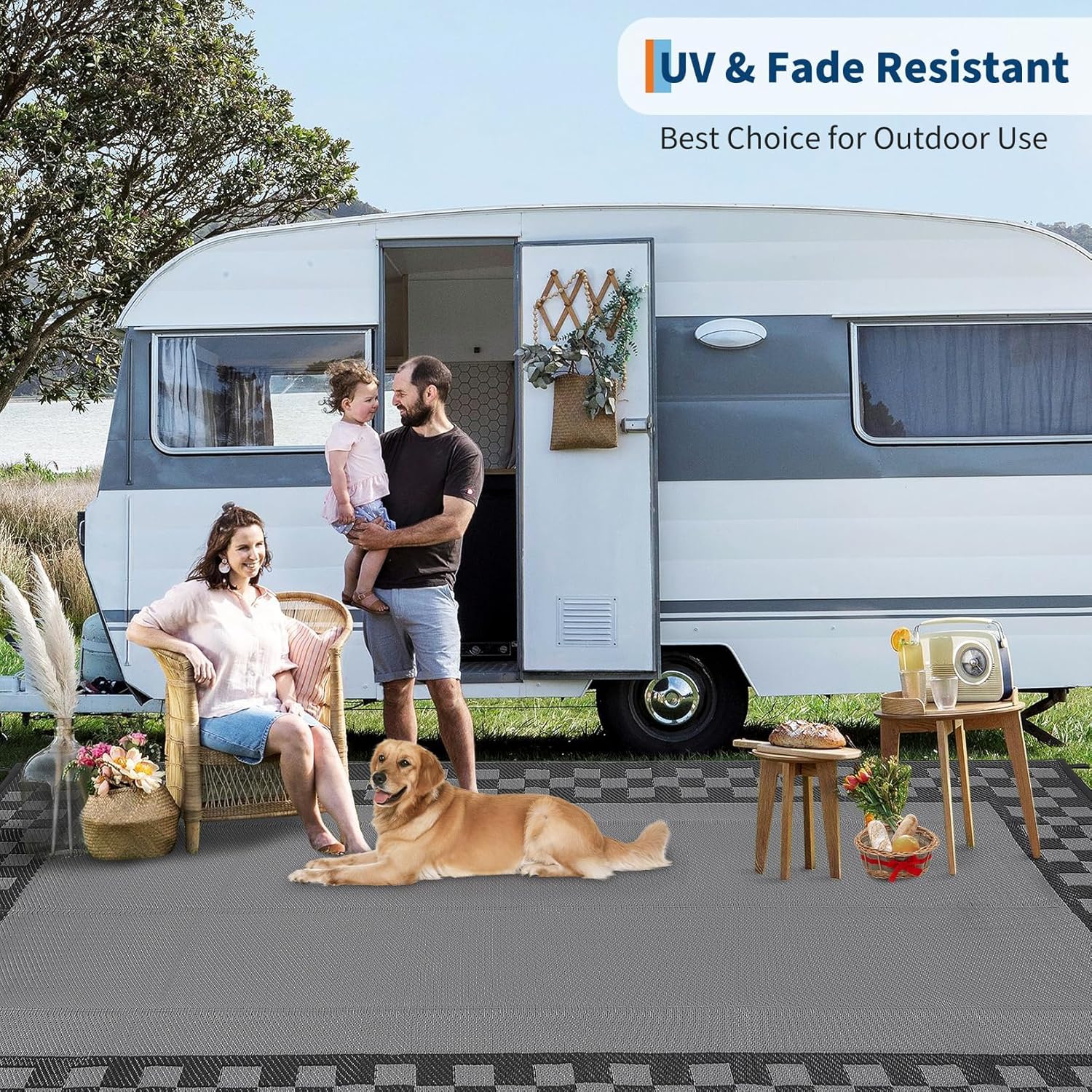 Waterproof Outdoor Rug 8x10 ft UV Resistant Portable Plastic Straw Rugs with Carry Bag & Stakes, Reversible Geometric Hose-cleanable Lightweight Carpet for RV Camping Beach Picnic Black Grey