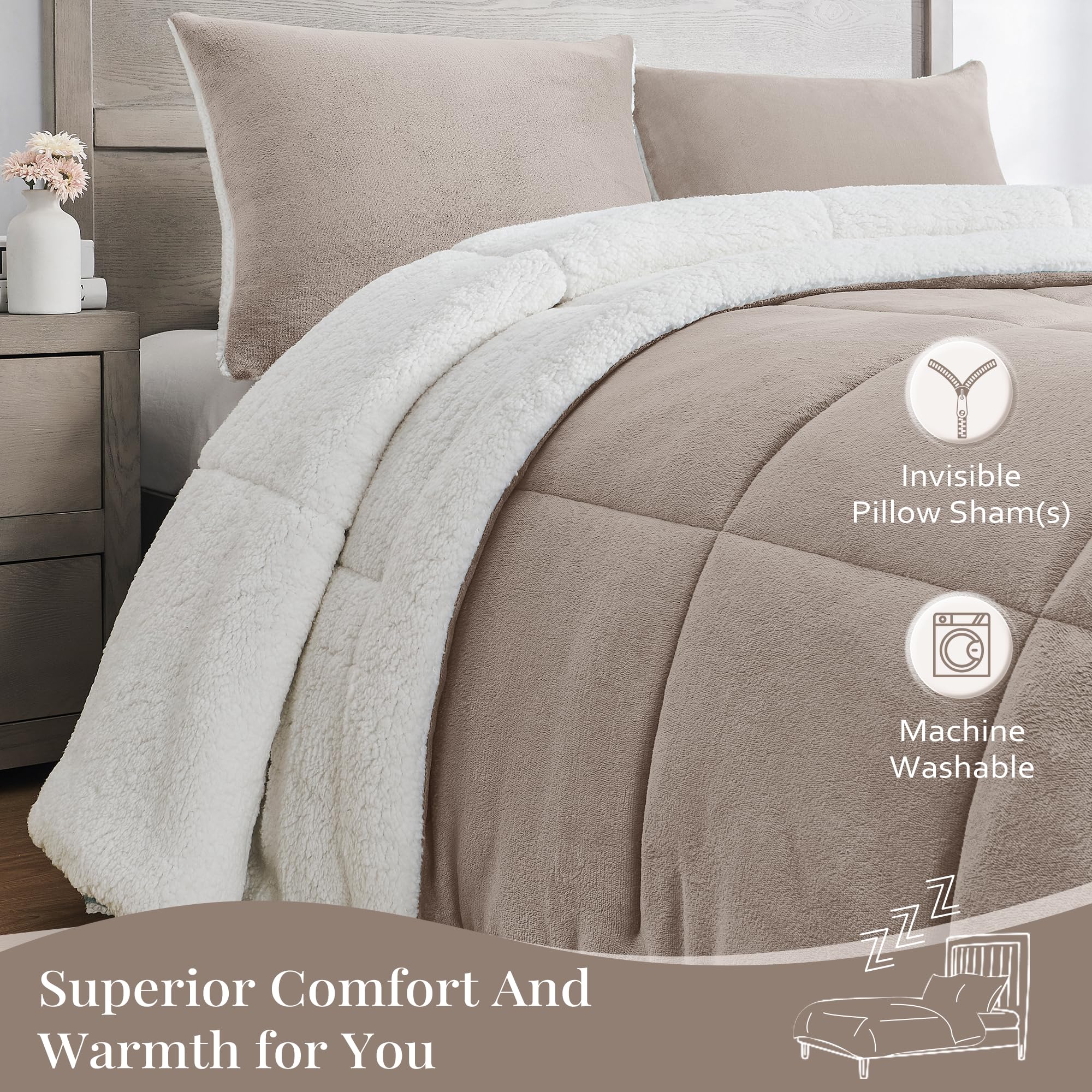 Basic Beyond Queen Comforter Set - Luxury Micromink Sherpa Fleece Bed Comforter Queen Set,Sand Comforter Set Queen Size for Winter,3-Piece(88"x88")