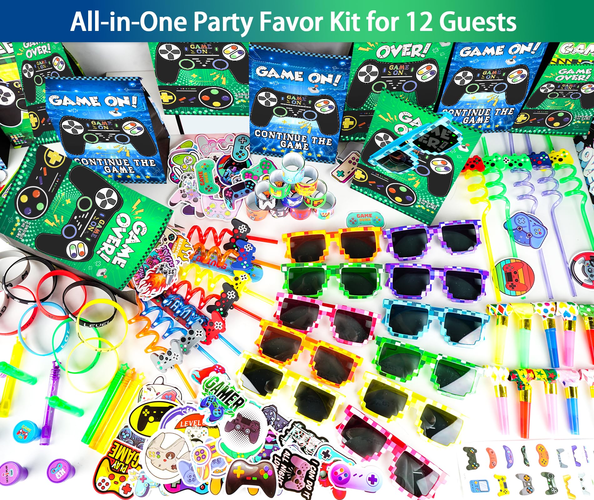 208Pcs Video Game Party Favors Kit - 12 Guest, Gamer Goodie Bag Stuffers for Kids Gaming Theme Birthday Party Decorations Supplies & Piñata Fillers - 3